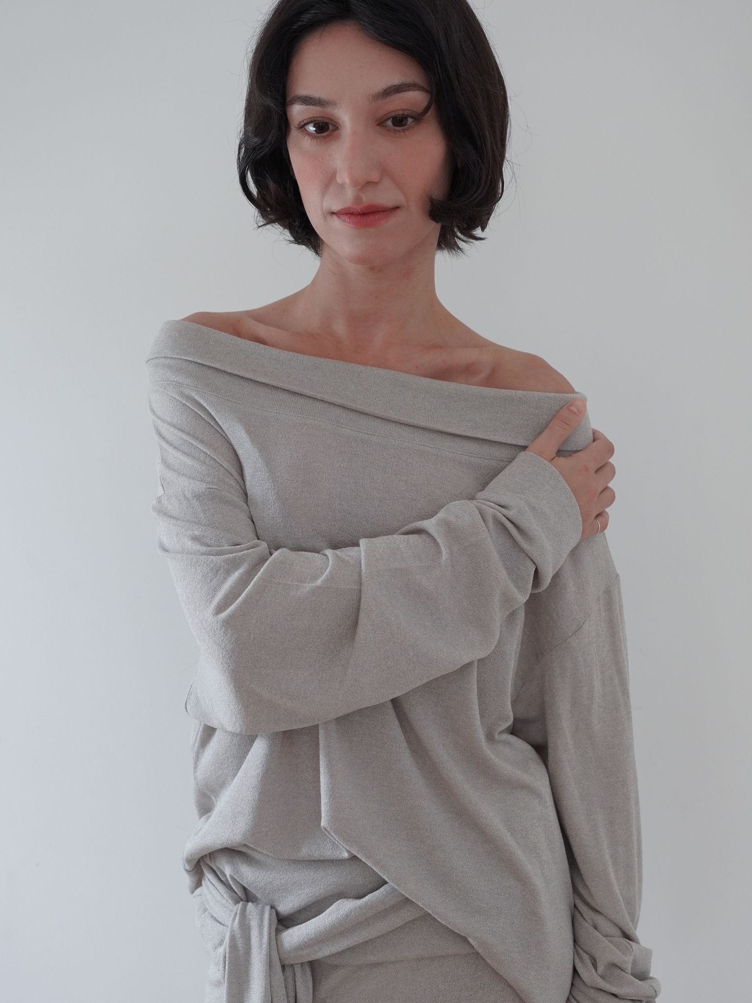 Off-Shoulder Wool Blend Long Sleeve - light grey
