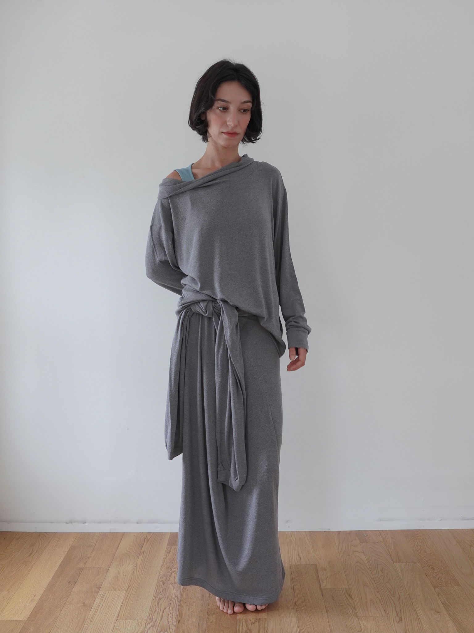 Off-Shoulder Wool Blend Long Sleeve - grey