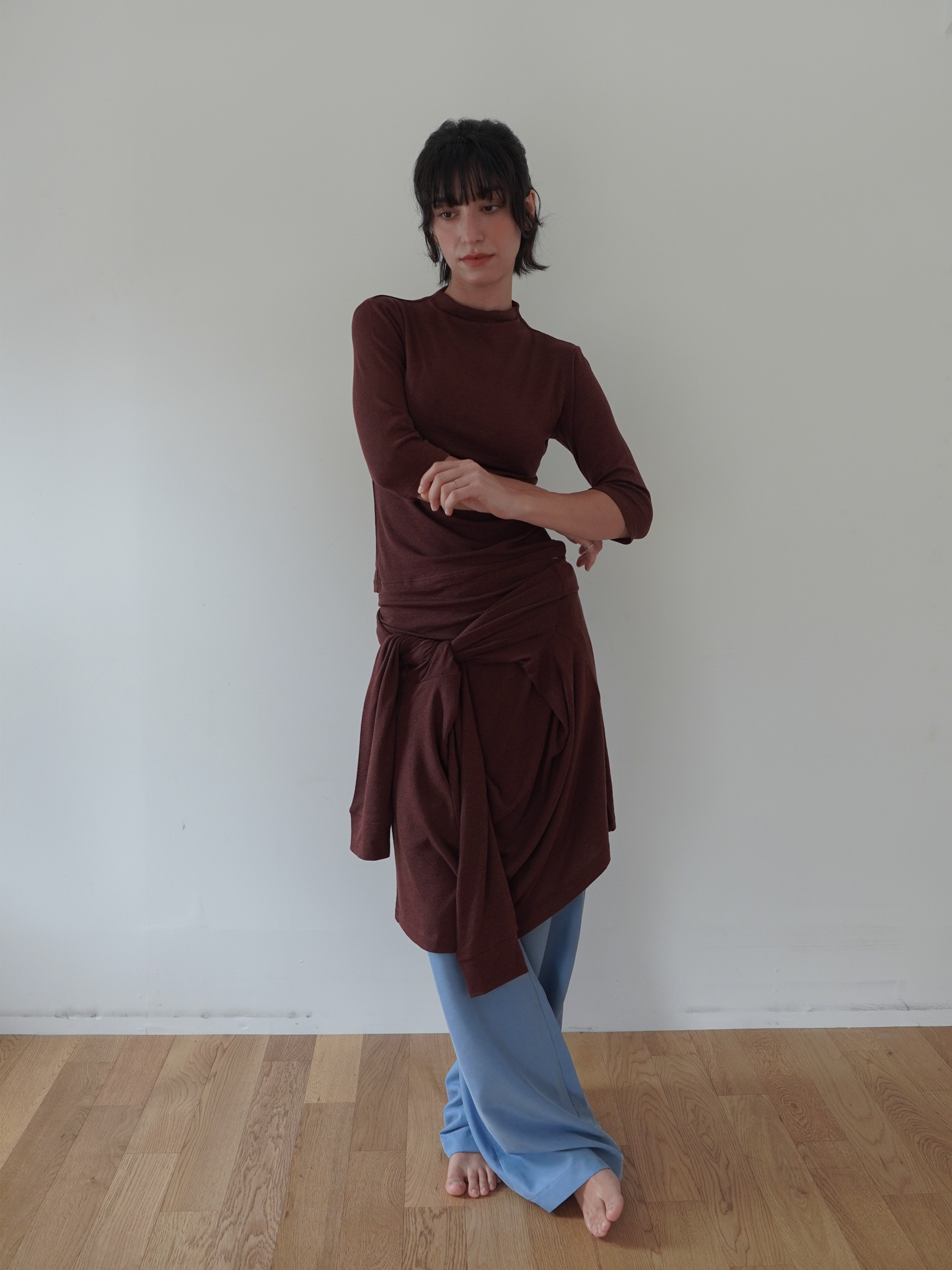 High Neck Wool Blend Half Sleeve - brown