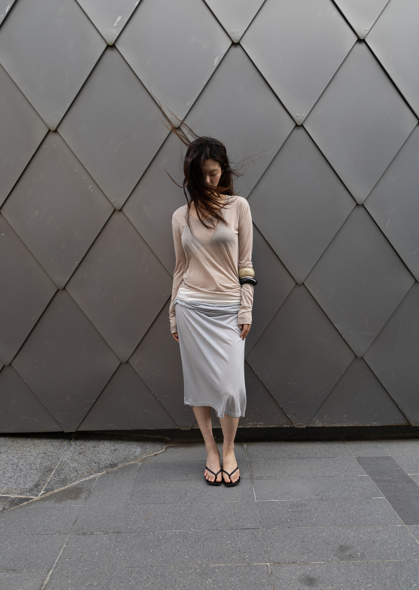 (Summer) Straight Long Skirt - silver/ivory