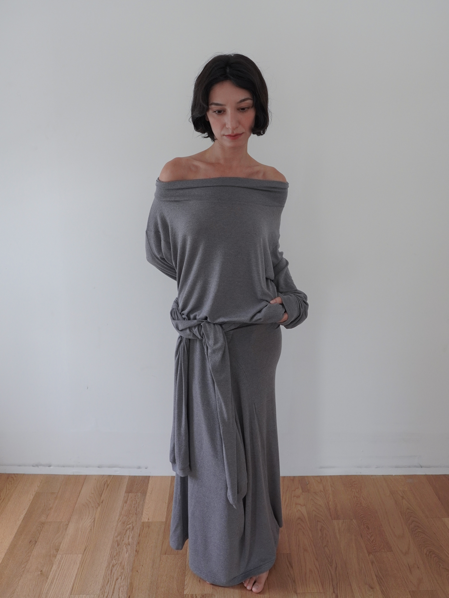 Off-Shoulder Wool Blend Long Sleeve - grey