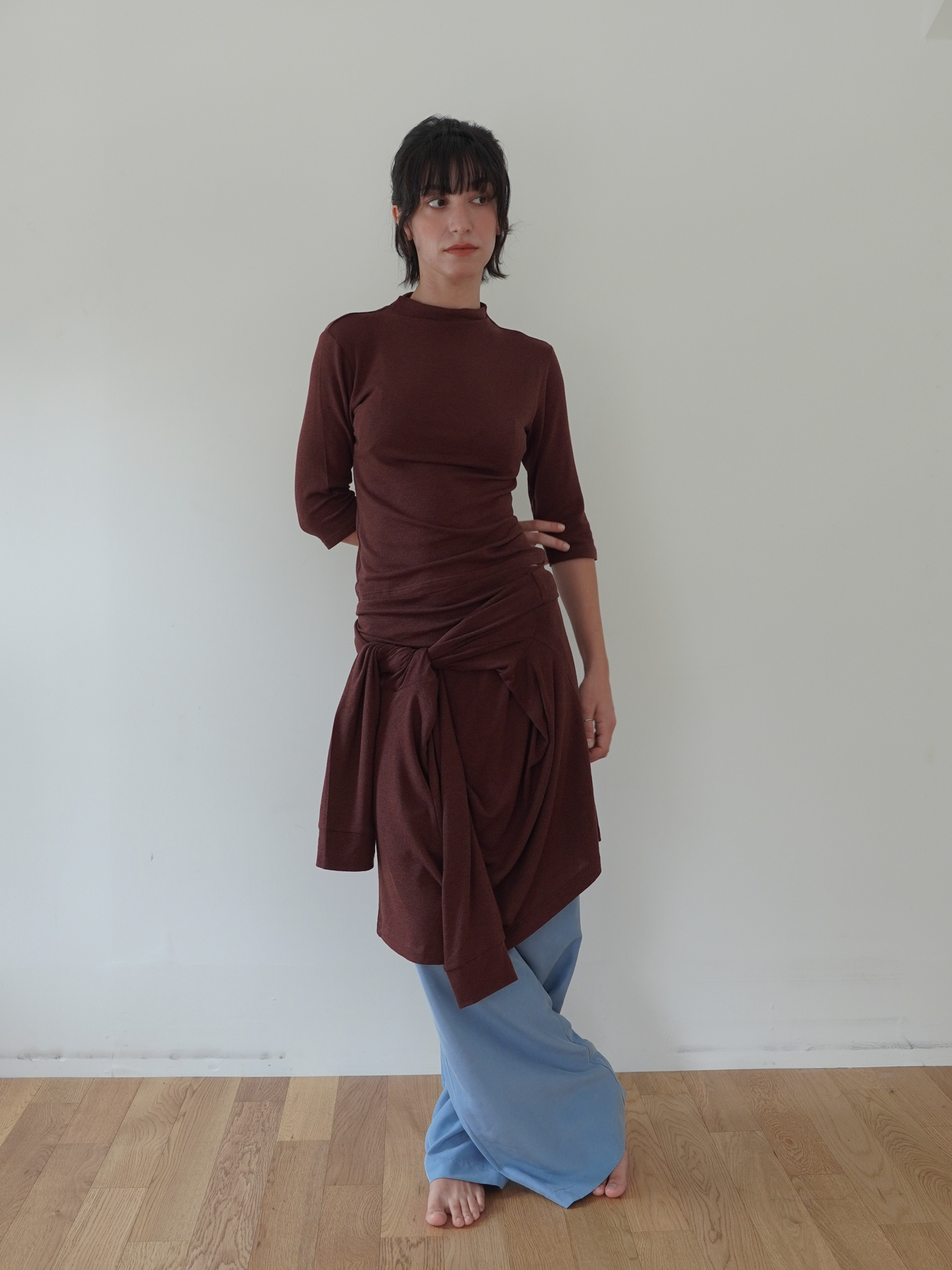 High Neck Wool Blend Half Sleeve - brown
