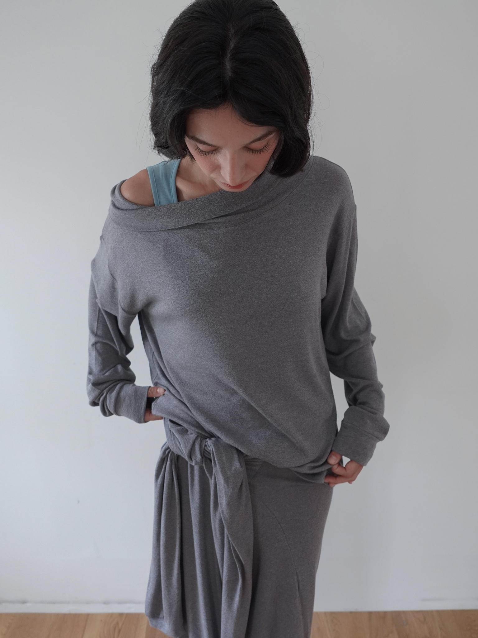 Off-Shoulder Wool Blend Long Sleeve - grey