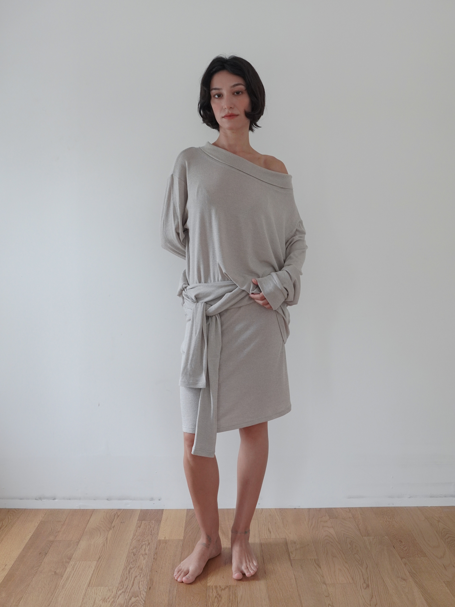 Off-Shoulder Wool Blend Long Sleeve - light grey