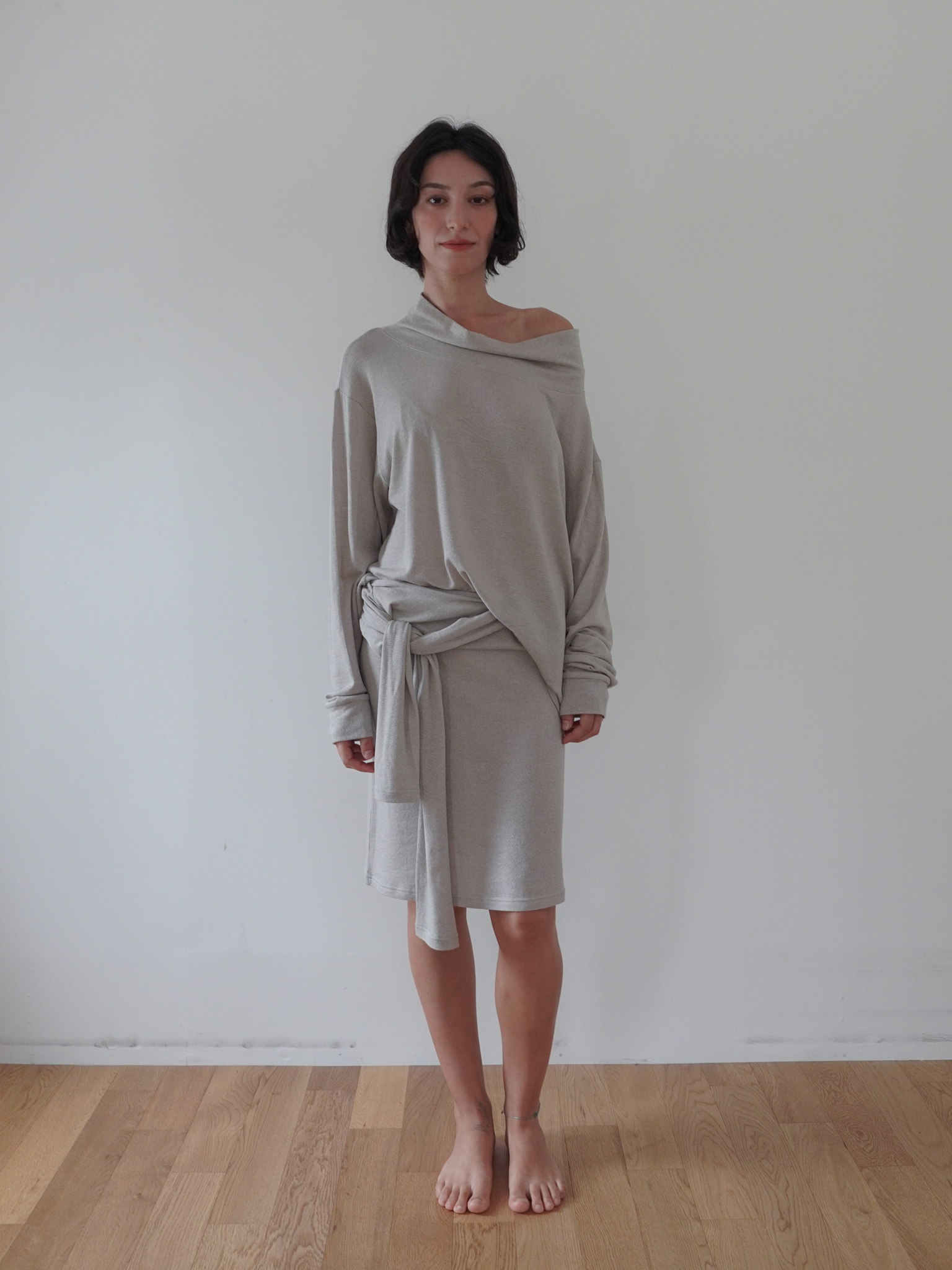 Off-Shoulder Wool Blend Long Sleeve - light grey