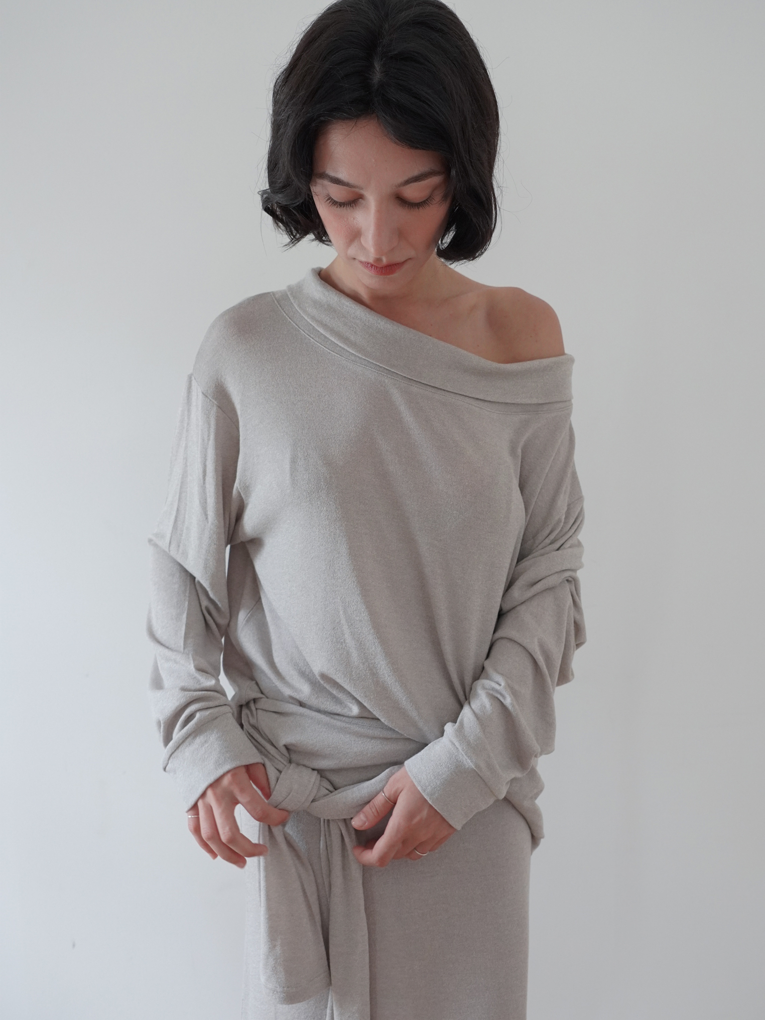 Off-Shoulder Wool Blend Long Sleeve - light grey