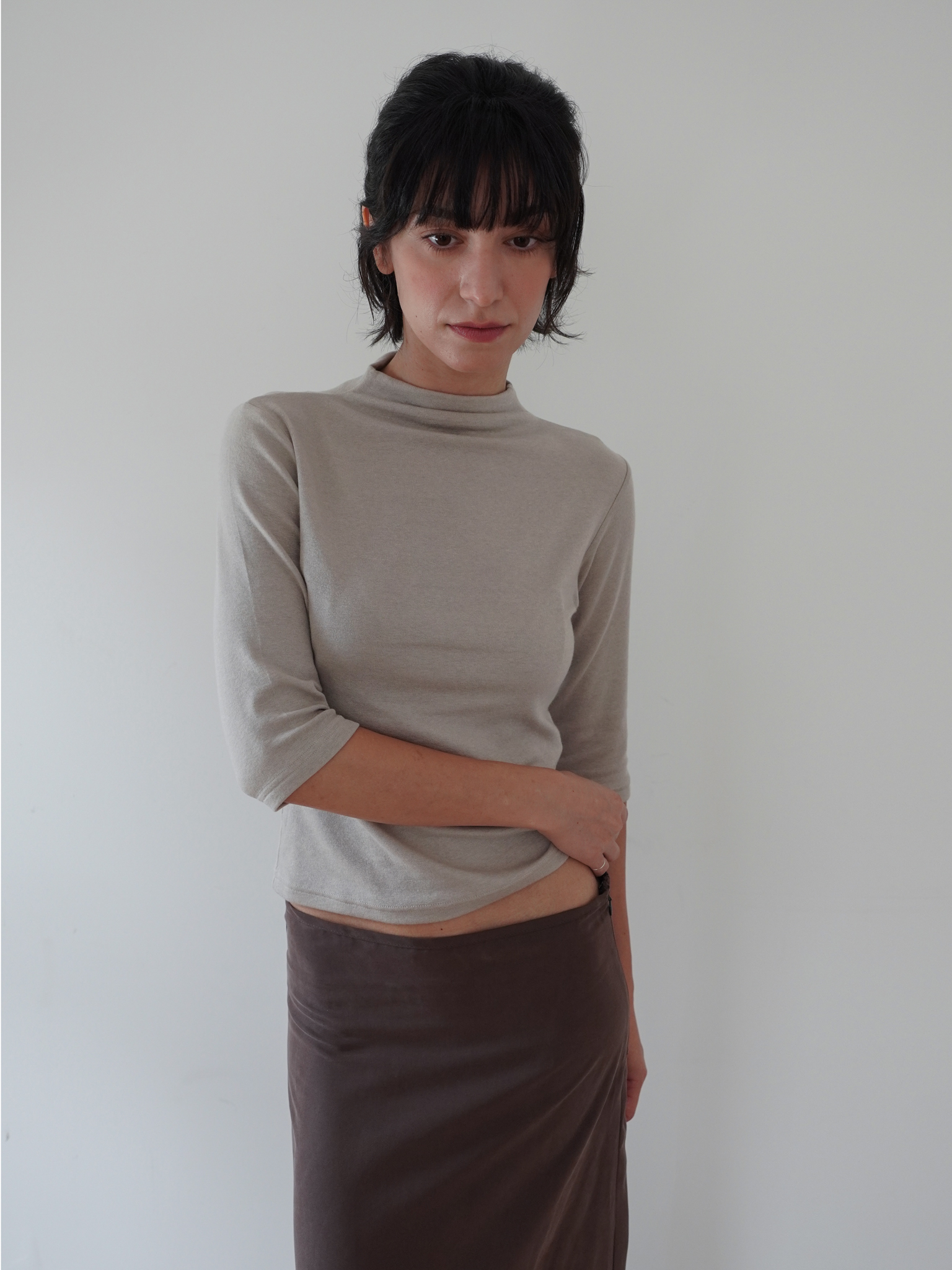 High Neck Wool Blend Half Sleeve - beige