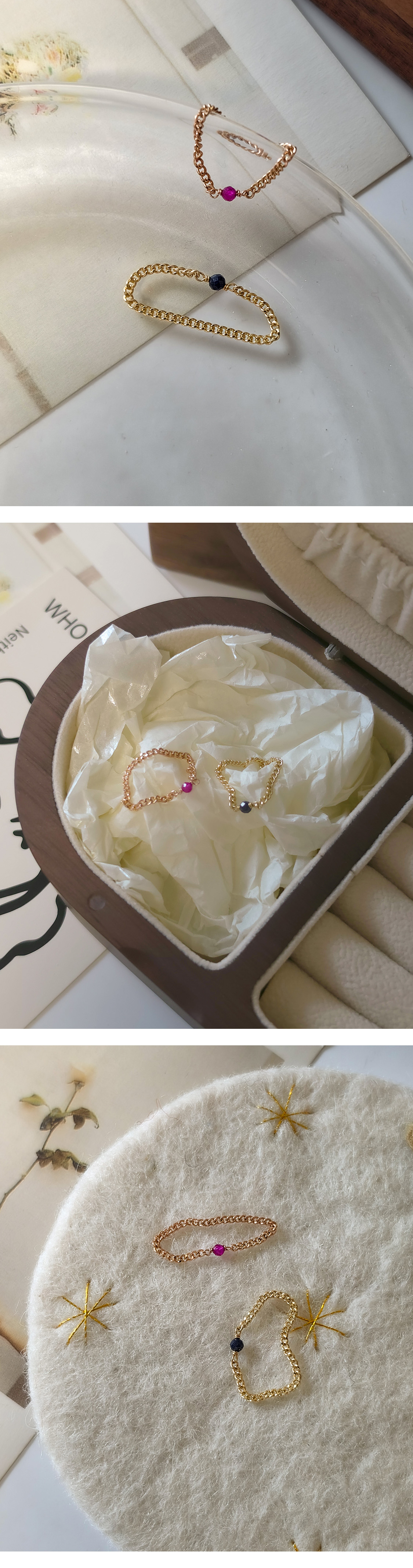 14k 18k 루비, 사파이어 원석 체인 반지