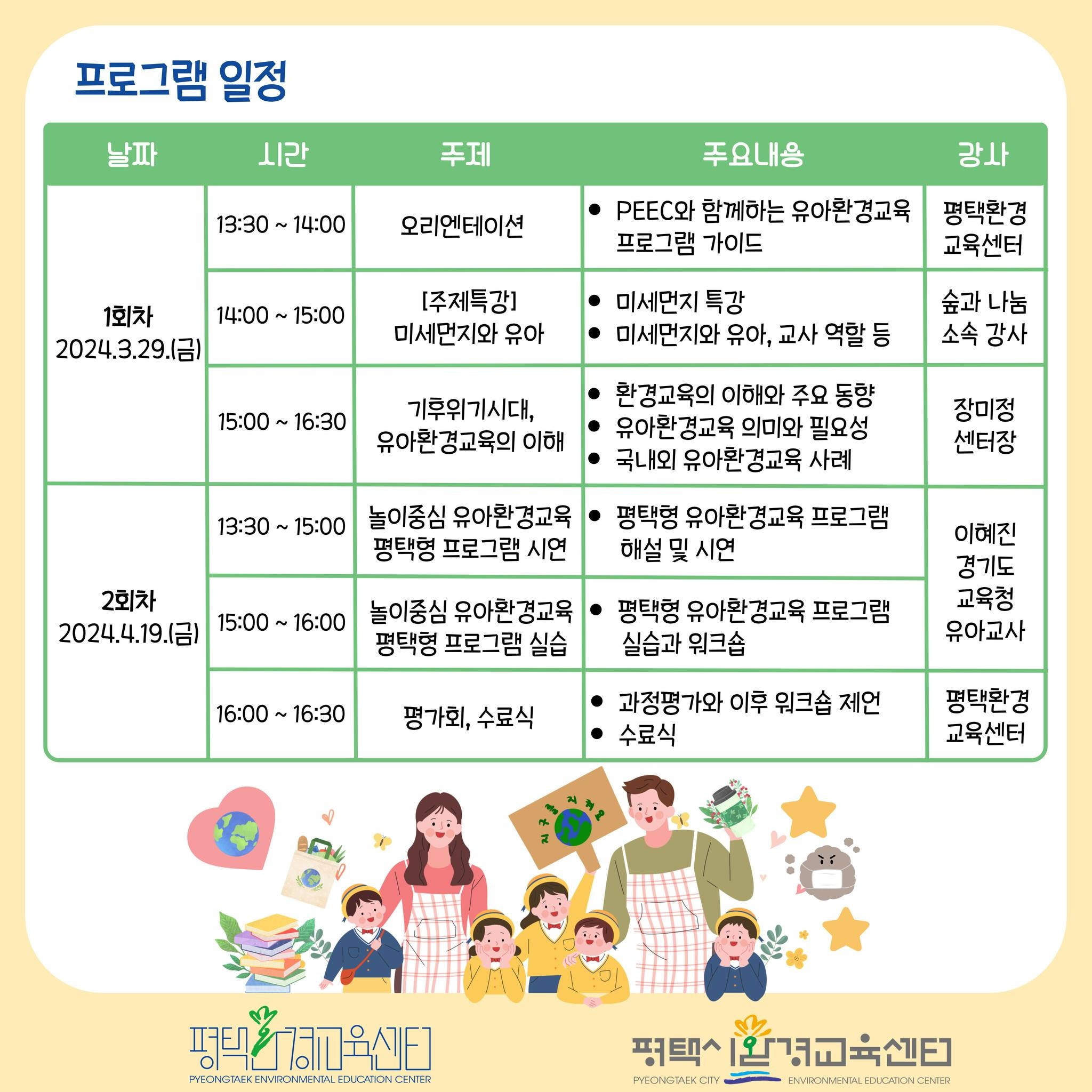 문구: '프로그램 일정 시간 날짜 주제 13:30 14:00 주요내용 오리엔테이션 강사 1회차 14:00 2024.3.29.(금) 15:00 .와 함께하는 유아환경교육 평택환경 프로그램 가이드 교육센터 [주제특강] 미세먼지와 유아 15:00~ 미세먼지 특강 미세먼지와 유아, 교사 역할등 숲과 소속 기후위기시대, 유아환경교육의 이해 환경교육의 이해와 주요 동향 유아환경교육 의미와 필요성 국내오 유아환경교육 사례 13:30~ 13:30~15:00 놀이중심 유아환경교육 평택형 프로그램 시연 장미정 센터장 2회차 2024.4.19.(금) 평택형 유아환경교육 프로그램 해설 놀이중심 유아환경교육 평택형 프로그램 실습 16:00 16:30 평택형 유아환경교육 프로그램 실습과 워크숍 이혜진 경기도 교육청 유아교사 평가회, 수료식 과정평가와 이후 워크습 제언 수료식 평택환경 교육센터 평택의경육신터 PYEONGTAE EVIRM 평택^ 완경교육센터 PYEON PYEONGTAEKC VIRONMETE'의 낙서 그림일 수 있음