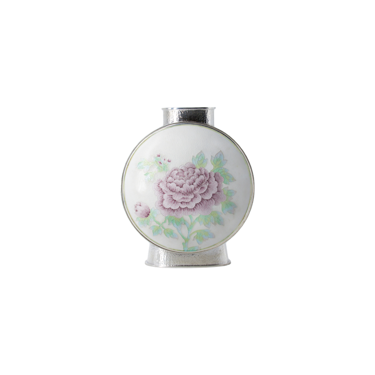 모란꽃 은칠보 편병 대 백색 Silver Cloisonné Flat Vase with Peony Motif
