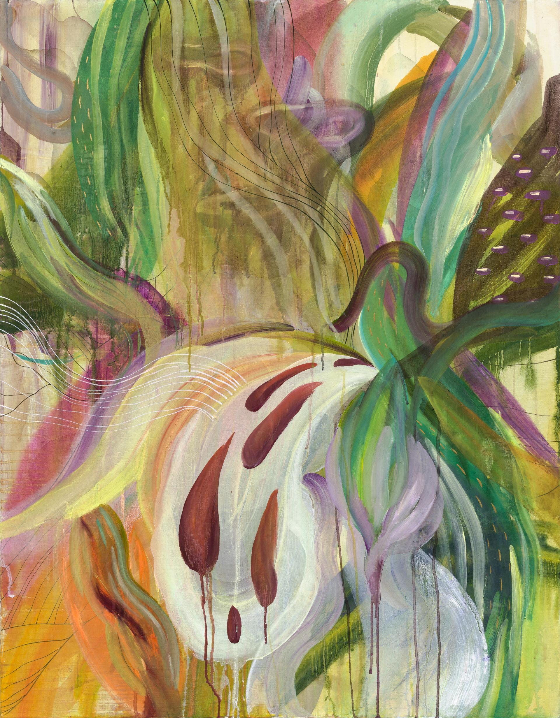 깊은 밤의 꽃 (Midnight Bloom), oil, water color, gouache, acrylic, pigment powder on silk layered canvas, 116.8×91.0cm, 2025.jpg