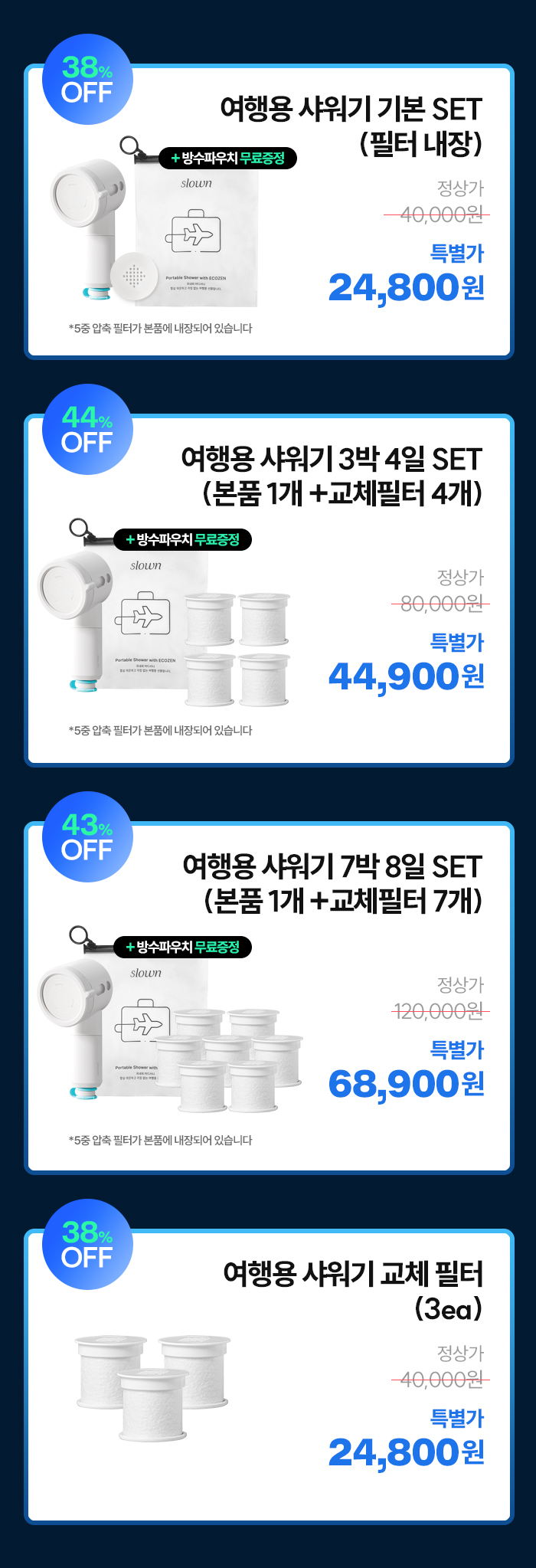 [5중 올인원 필터] 슬로운 국내 최고 석회질 제거 여행용 샤워기