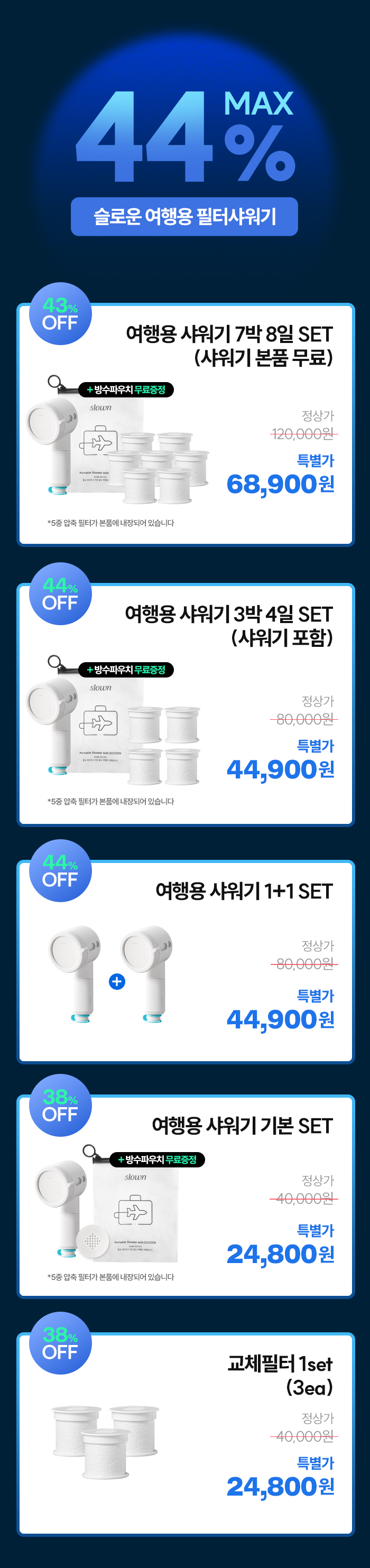[5중 올인원 필터] 슬로운 국내 최고 석회질 제거 여행용 샤워기
