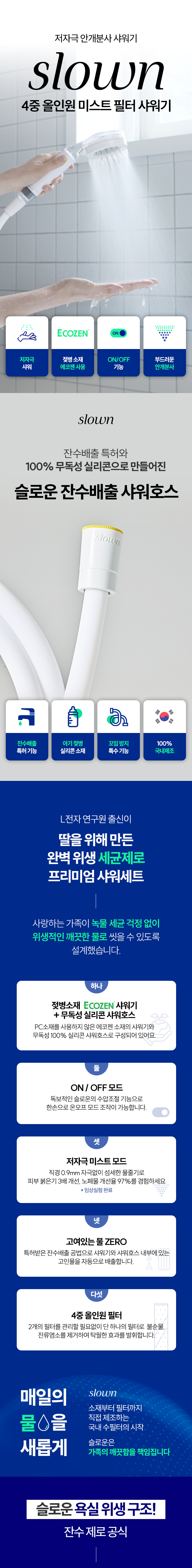 [잔수배출 프리미엄 SET] 슬로운 미스트샤워기 + 샤워호스