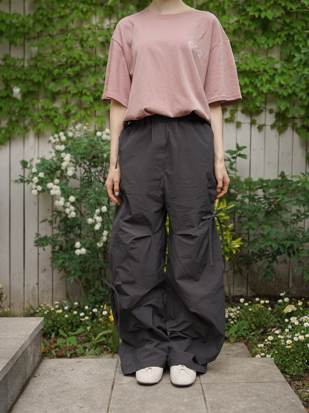 RIBBON TUCK WIDE PANTS - charcoal