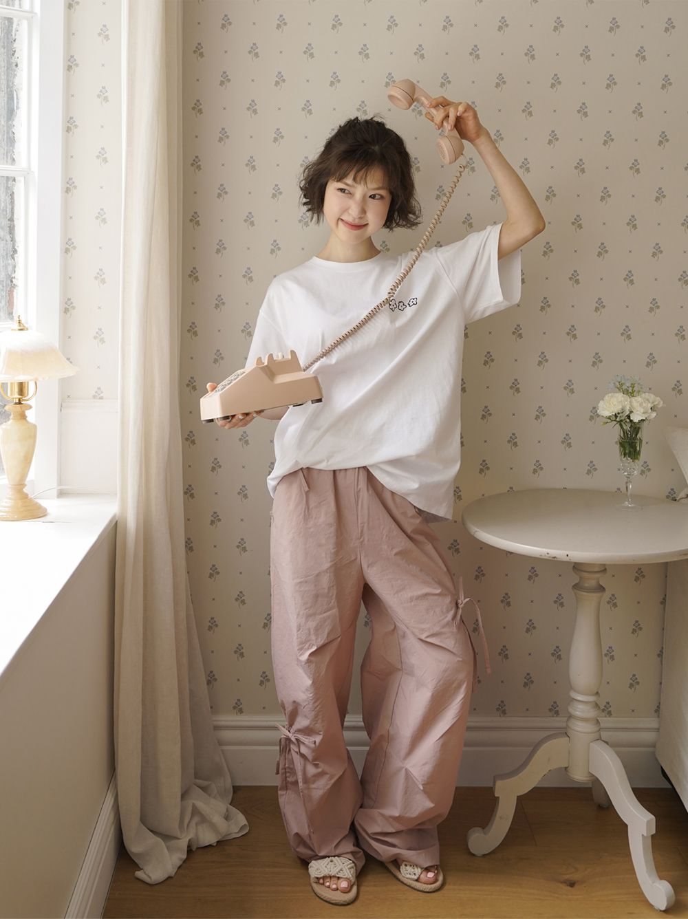 RIBBON TUCK WIDE PANTS - powder pink