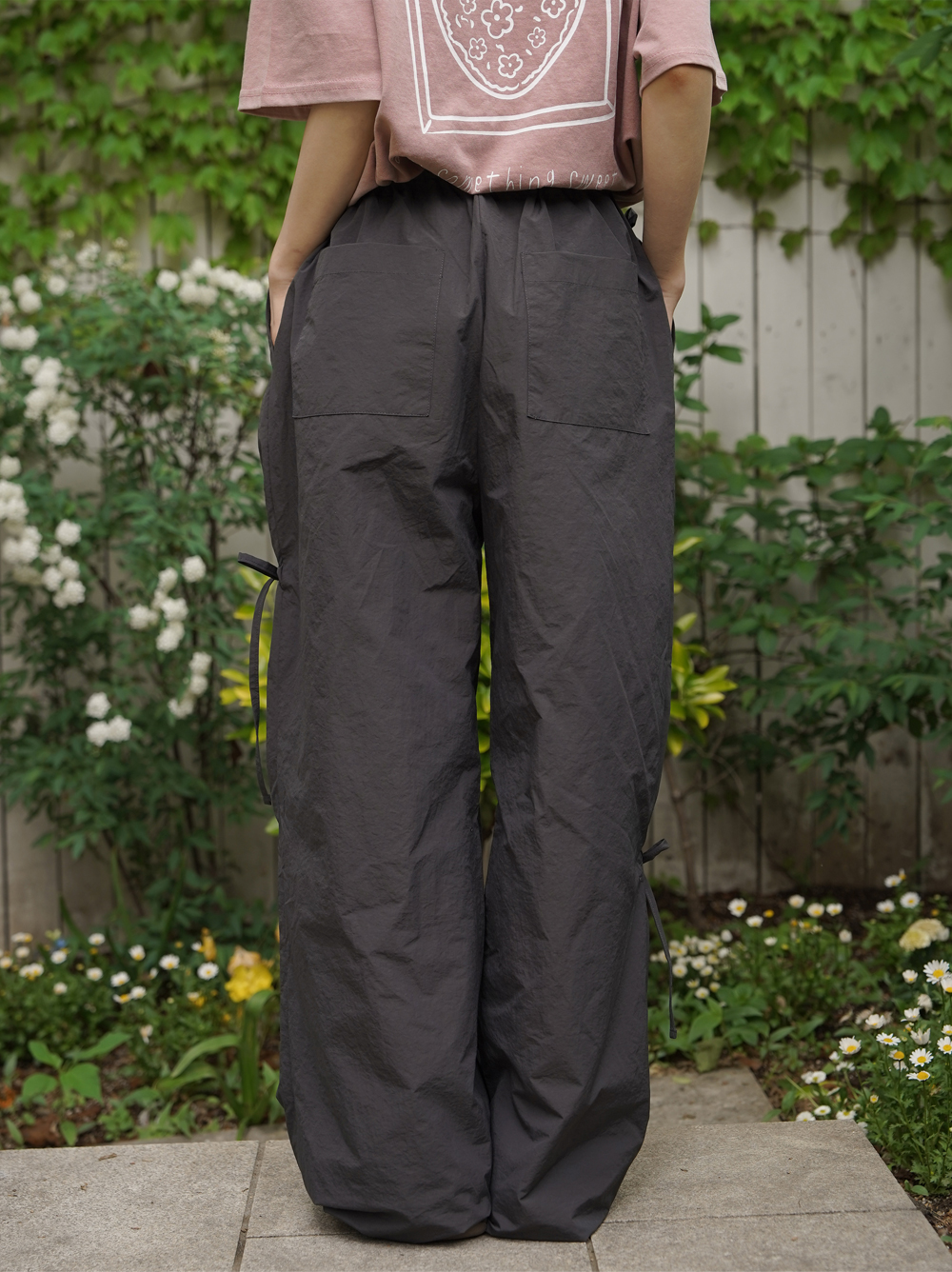 RIBBON TUCK WIDE PANTS - charcoal