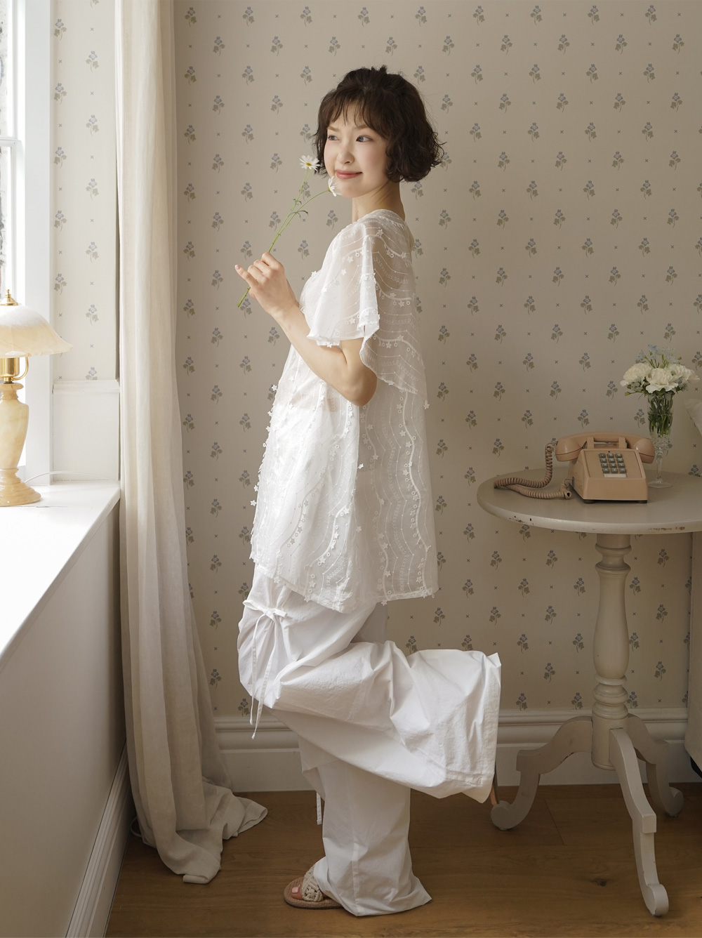 RIBBON TUCK WIDE PANTS - ivory