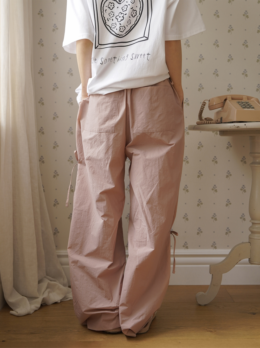 RIBBON TUCK WIDE PANTS - powder pink