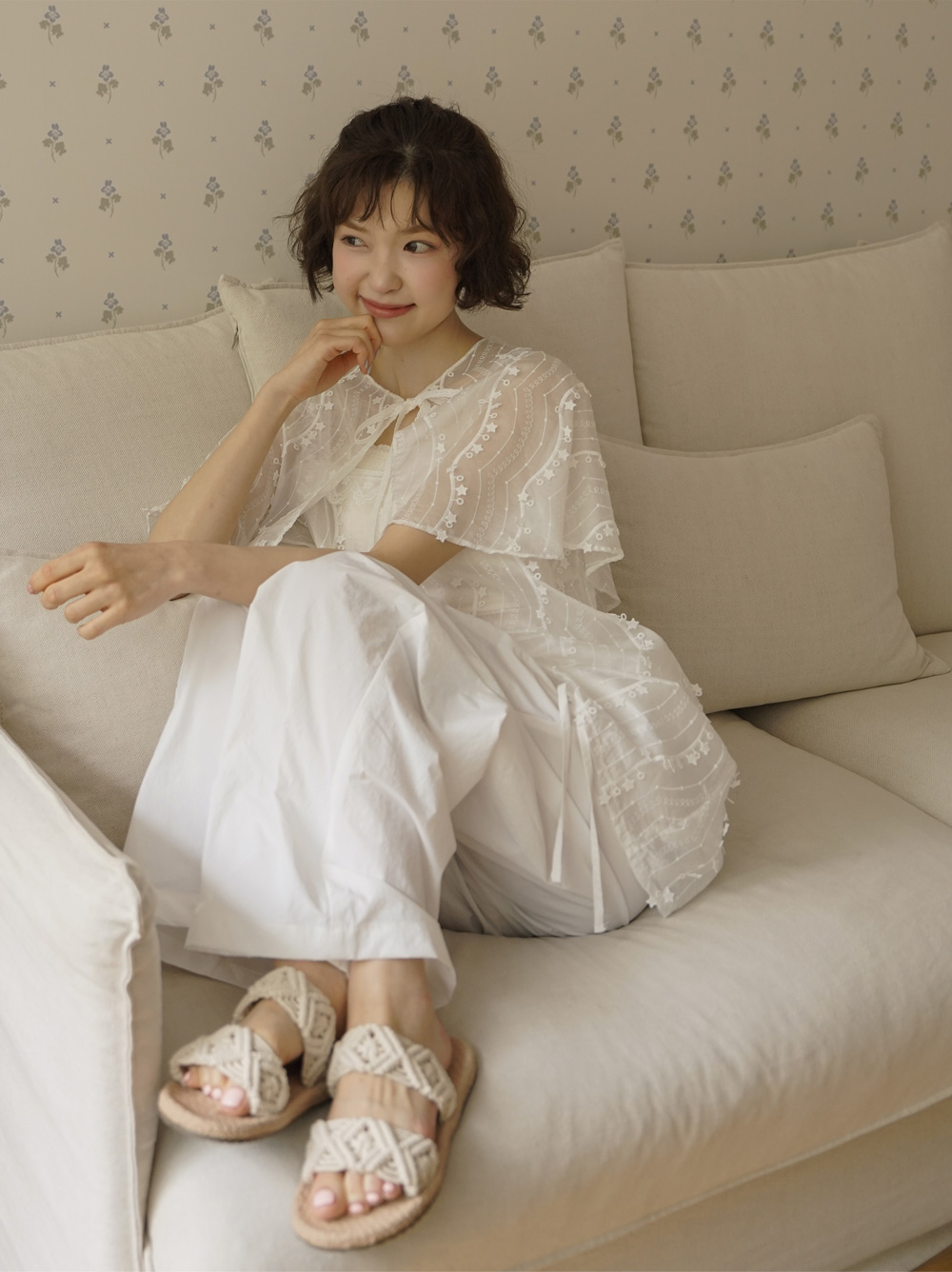 RIBBON TUCK WIDE PANTS - ivory