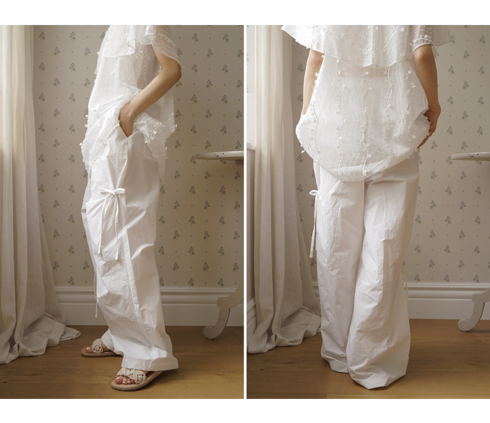 RIBBON TUCK WIDE PANTS - ivory