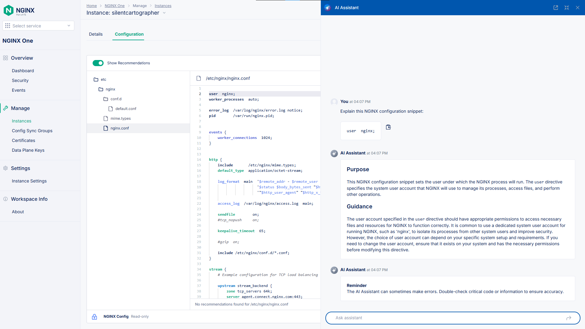 NGINX One 콘솔의 AI 어시스턴트 대화