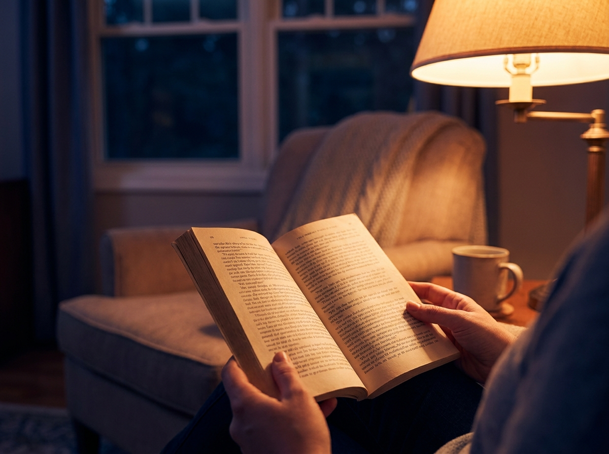 잠이 오지 않아 침대에서 일어나 어두운 거실에서 책을 읽는 모습