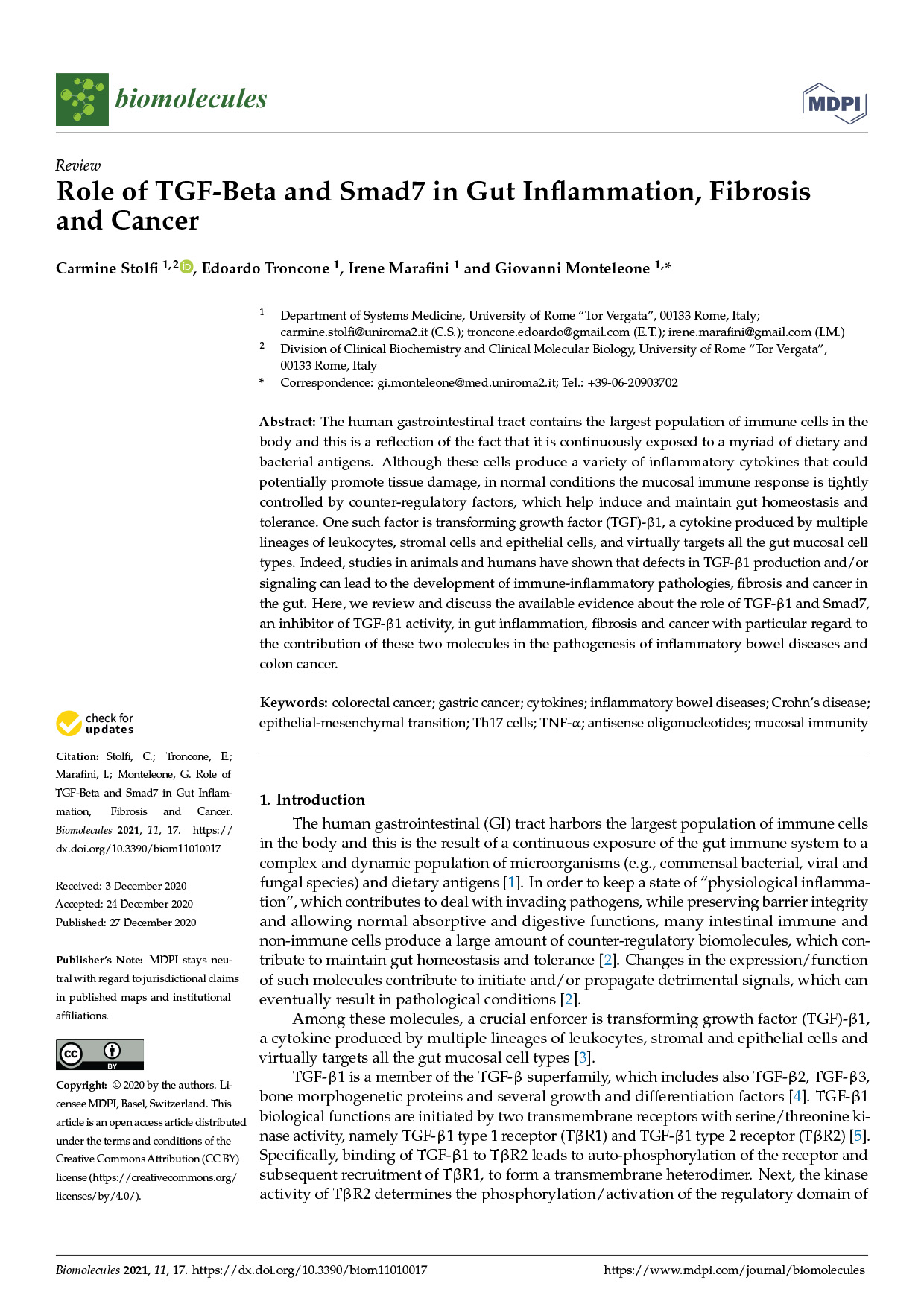Role of TGF-Beta and Smad7 in Gut Inflammation, Fibrosis, and Cancer 논문 이미지