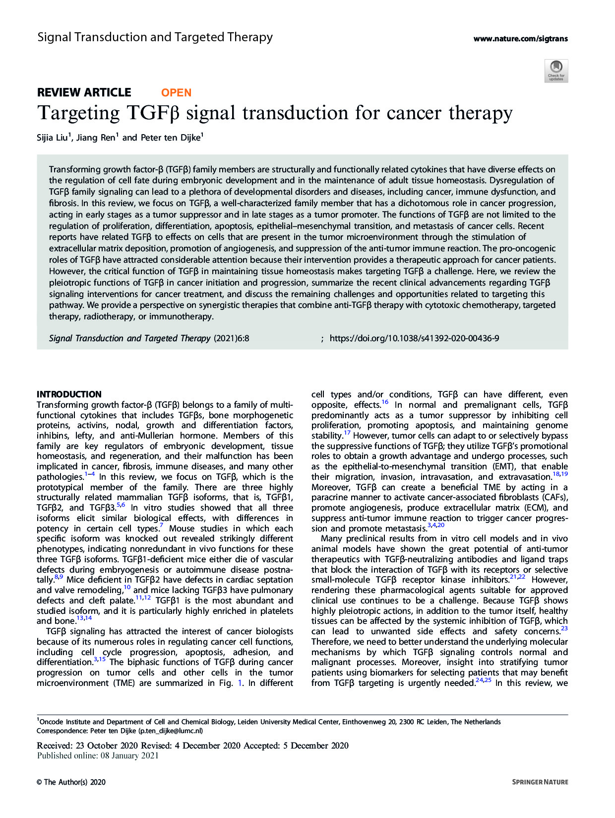 Targeting TGFβ Signal Transduction for Cancer Therapy 논문 이미지