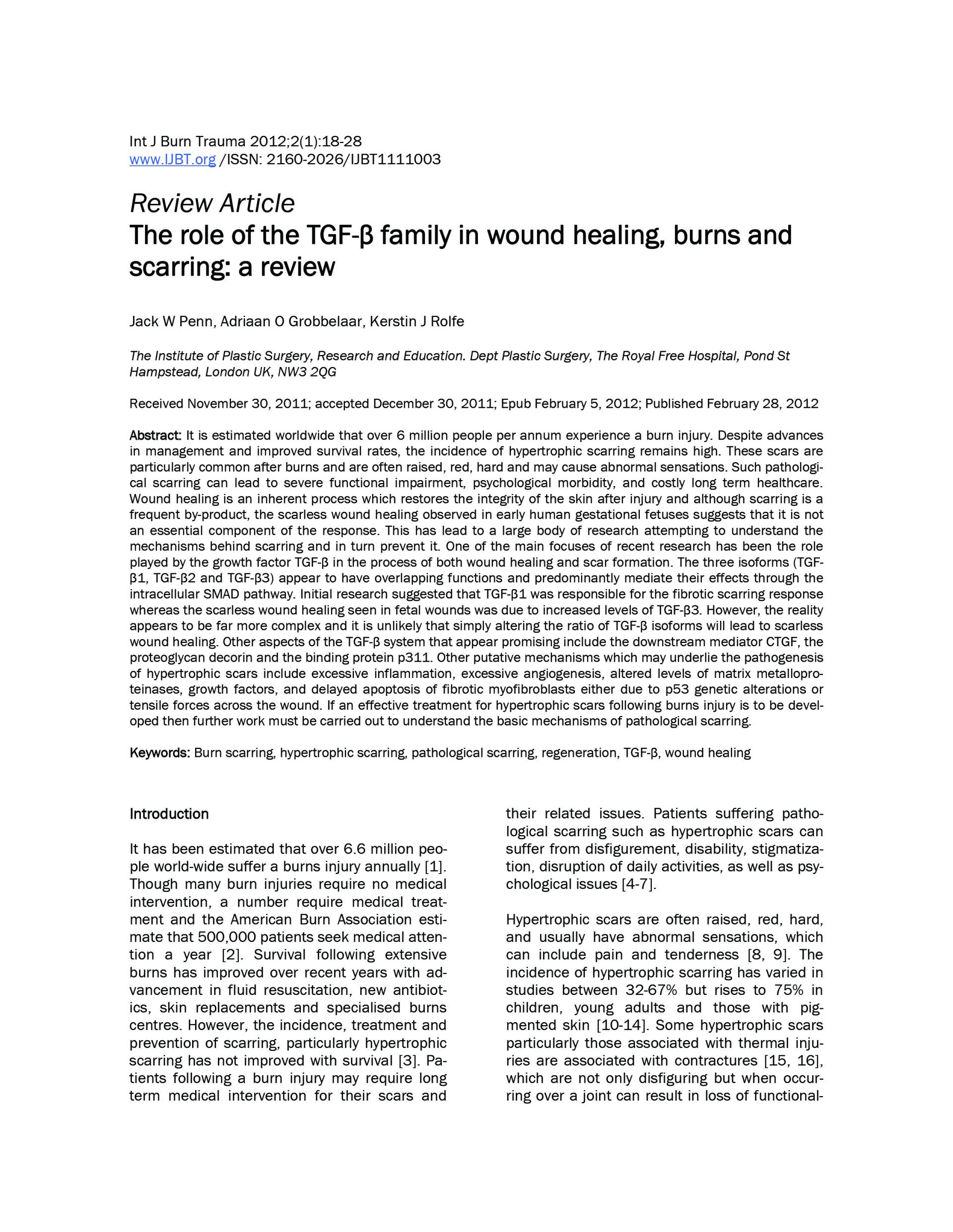 The Role of the TGF-β Family in Wound Healing, Burns, and Scarring: A Review 논문 이미지