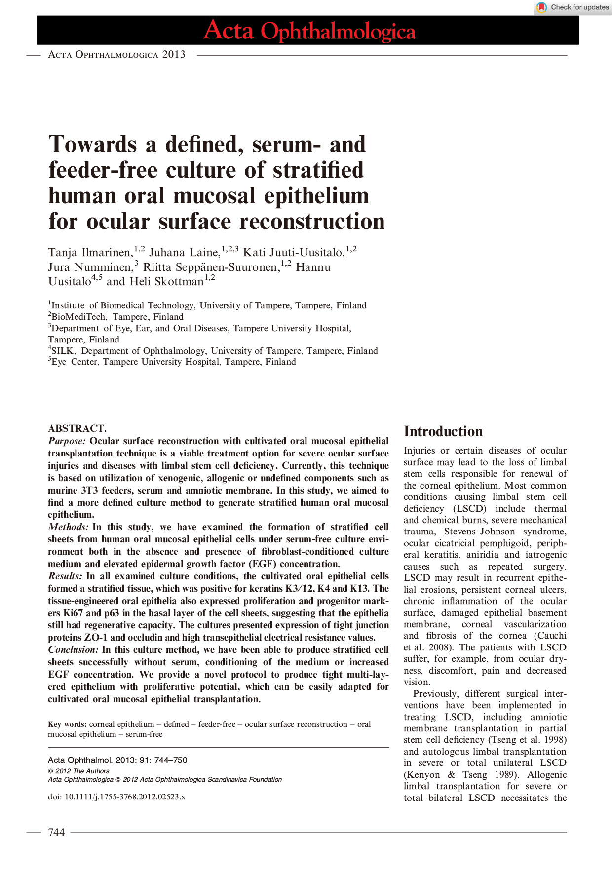 Towards a Defined, Serum- and Feeder-Free Culture of Stratified Human Oral Mucosal Epithelium for Ocular Surface Reconstruction 논문이미지