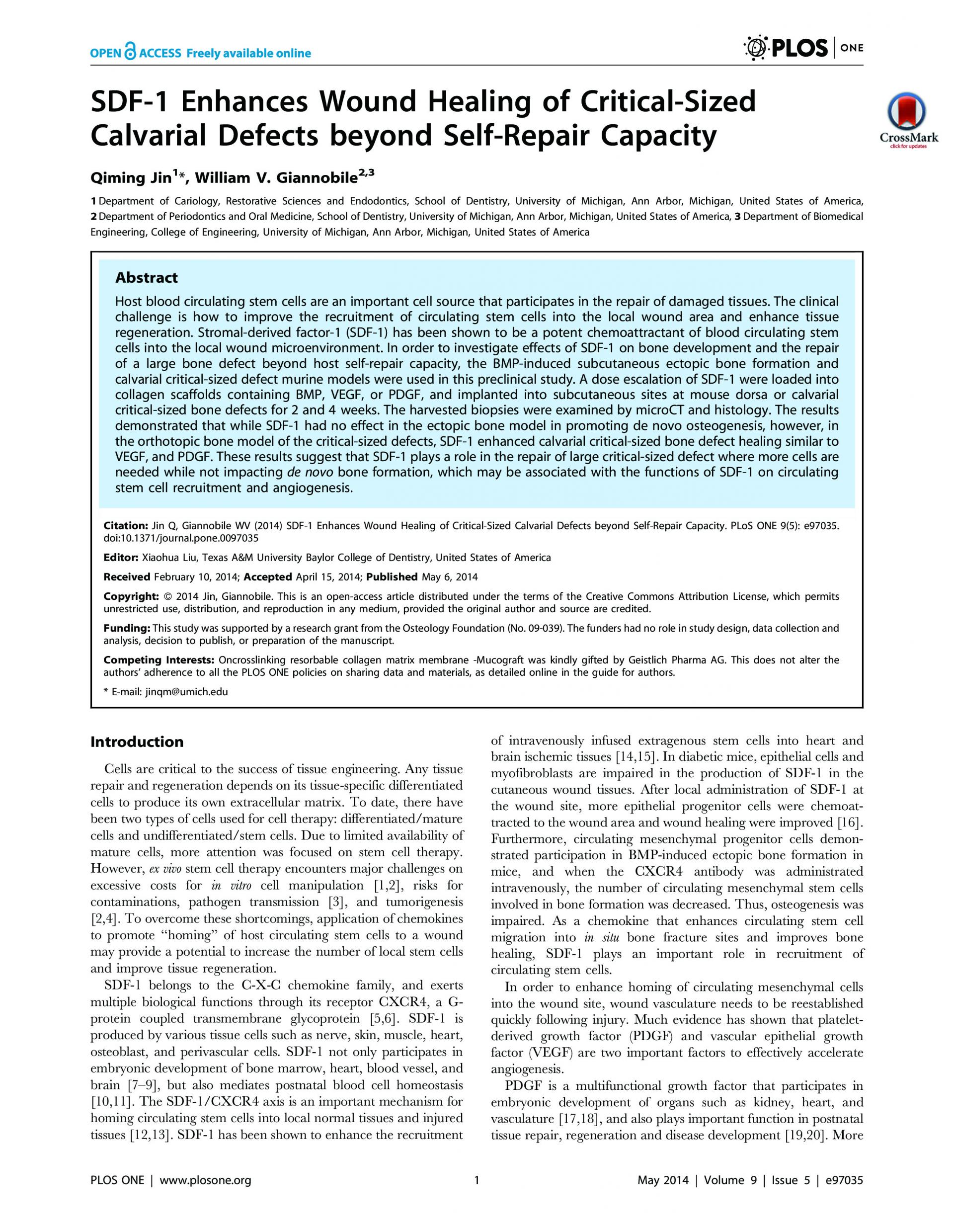 SDF-1 Enhances Healing of Critical-Sized Calvarial Bone Defects Beyond Self-Repair Capacity 논문 이미지