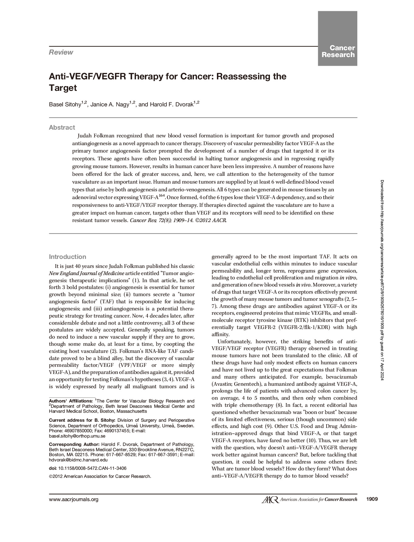Anti-VEGF/VEGFR Therapy for Cancer: Reassessing the Target 논문 이미지