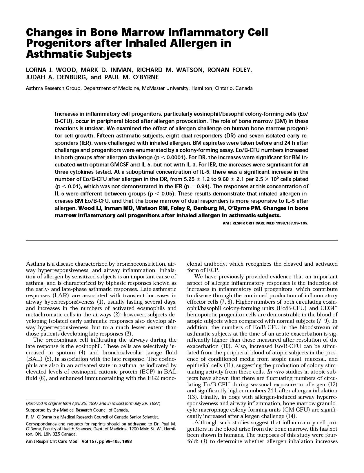 Changes in Bone Marrow Inflammatory Cell Progenitors after Inhaled Allergen in Asthmatic Subjects 논문 이미지
