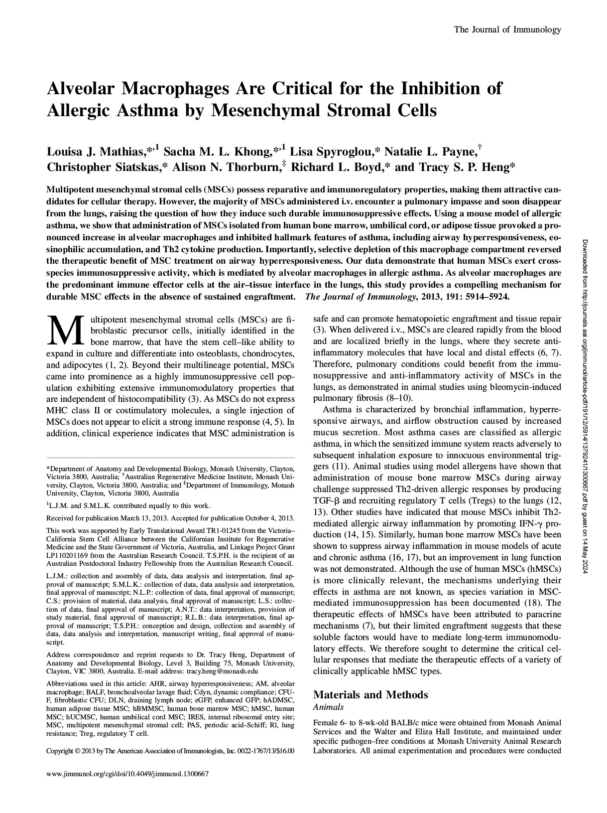 Alveolar Macrophages Are Critical for the Inhibition of Allergic Asthma by Mesenchymal Stromal Cells 논문 이미지