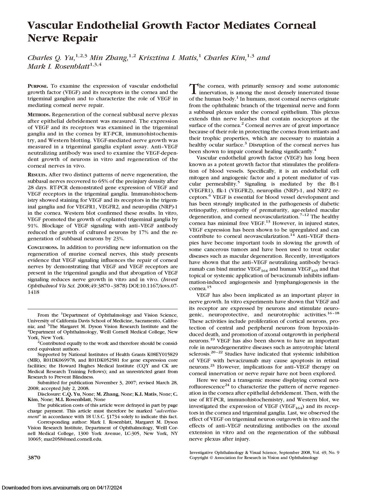 VEGF Mediates Corneal Nerve Repair 논문 이미지