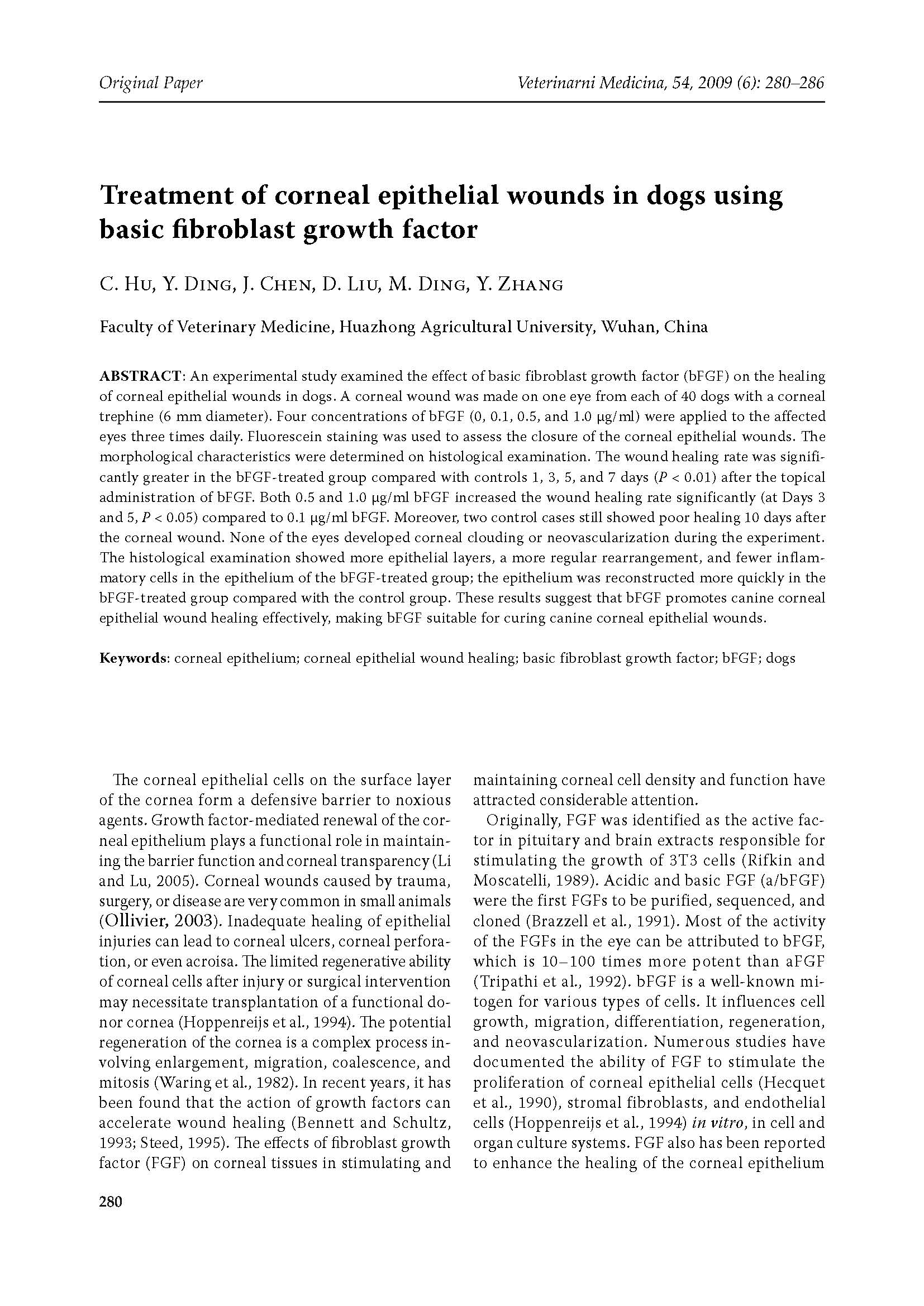Effectiveness of Basic Fibroblast Growth Factor in Canine Corneal Epithelial Wound Healing 논문 이미지