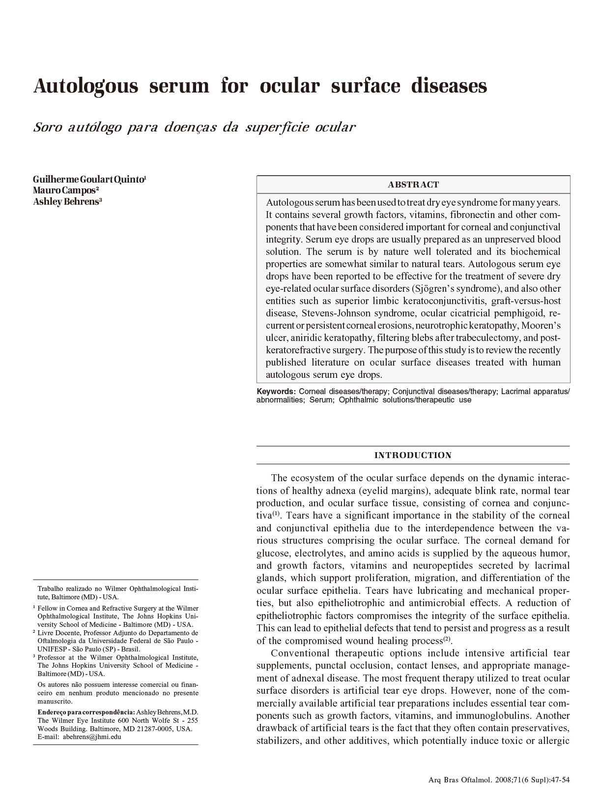 Autologous Serum for Ocular Surface Diseases 논문이미지