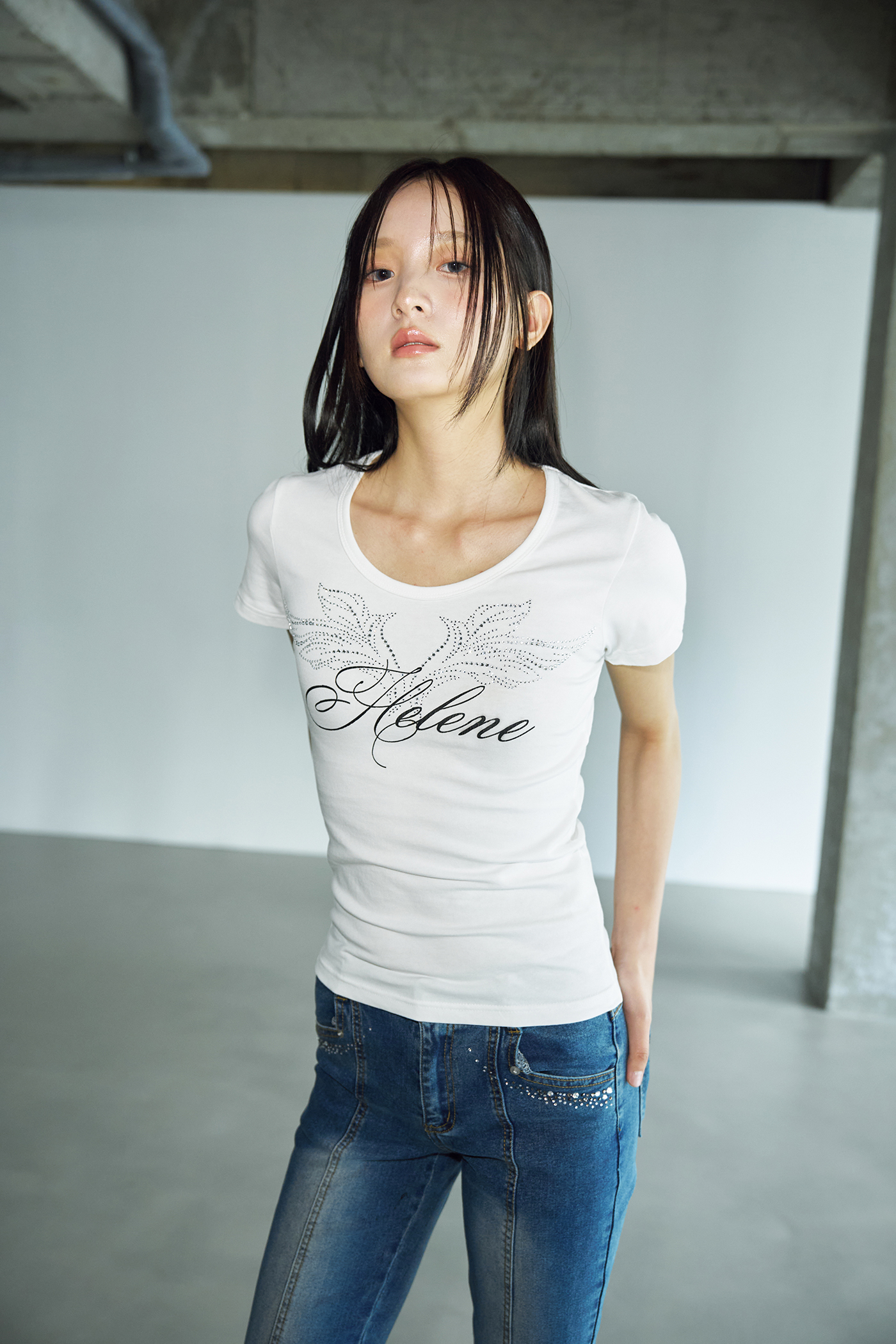 ★HELENE PARIS★ Angel Lettering Cubic Half T-Shirt White MUSINSA | HELENE PARIS Angel Lettering Cubic Half T-Shirt