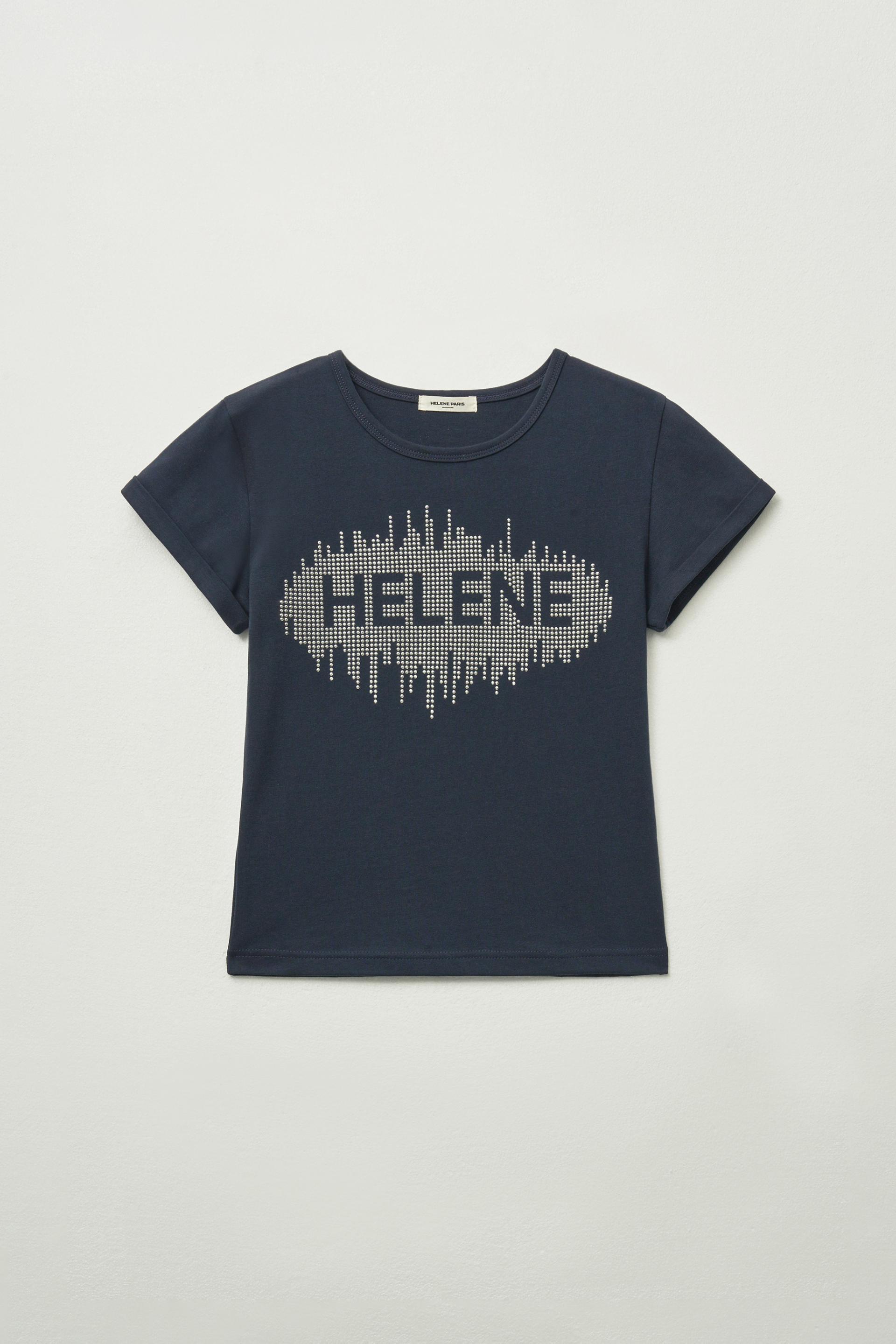 MUSINSA | HELENE PARIS Helene Stud Applique Half T-Shirt [Navy]