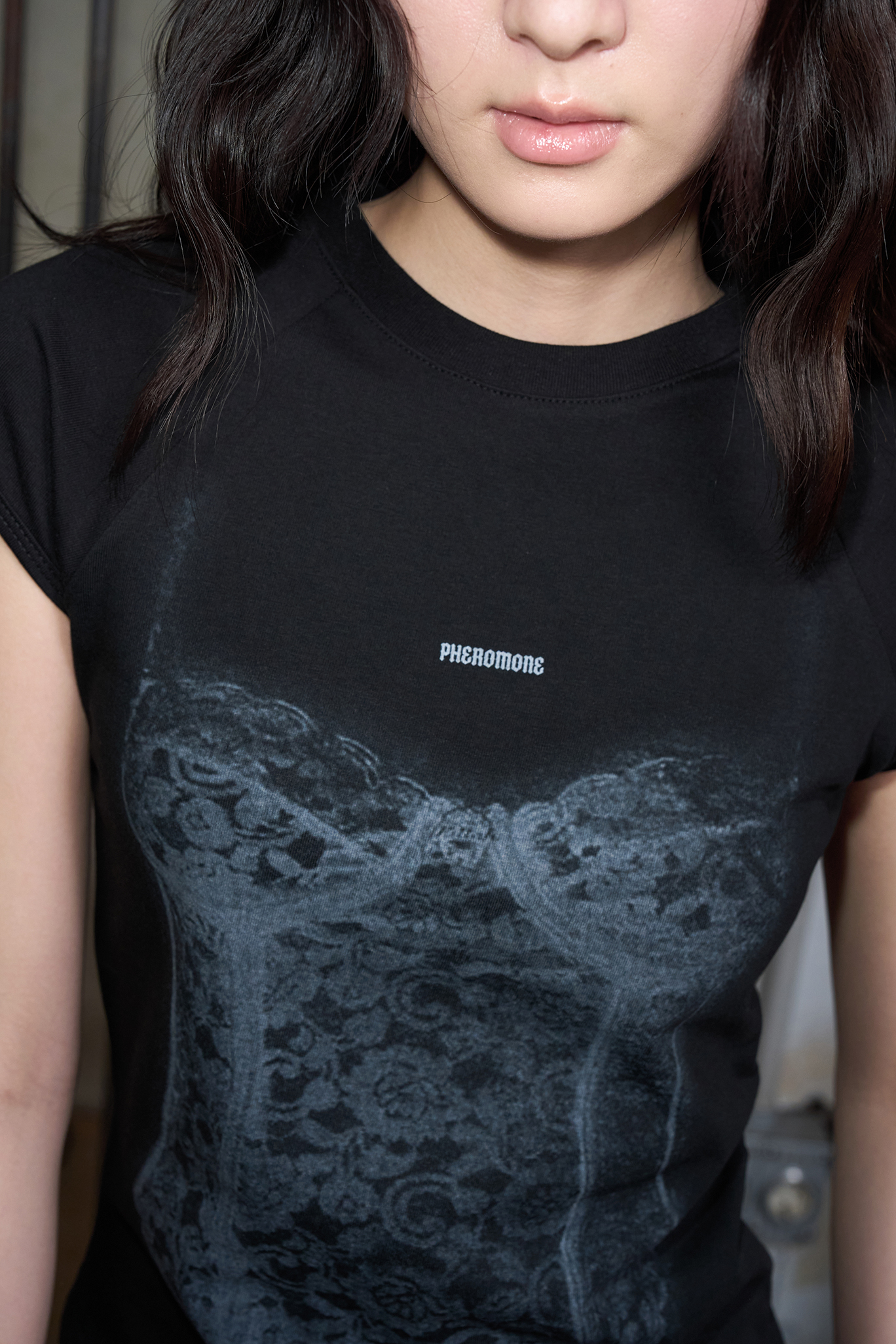 MUSINSA | HELENE PARIS Corset Printed Half T-shirt [Black]