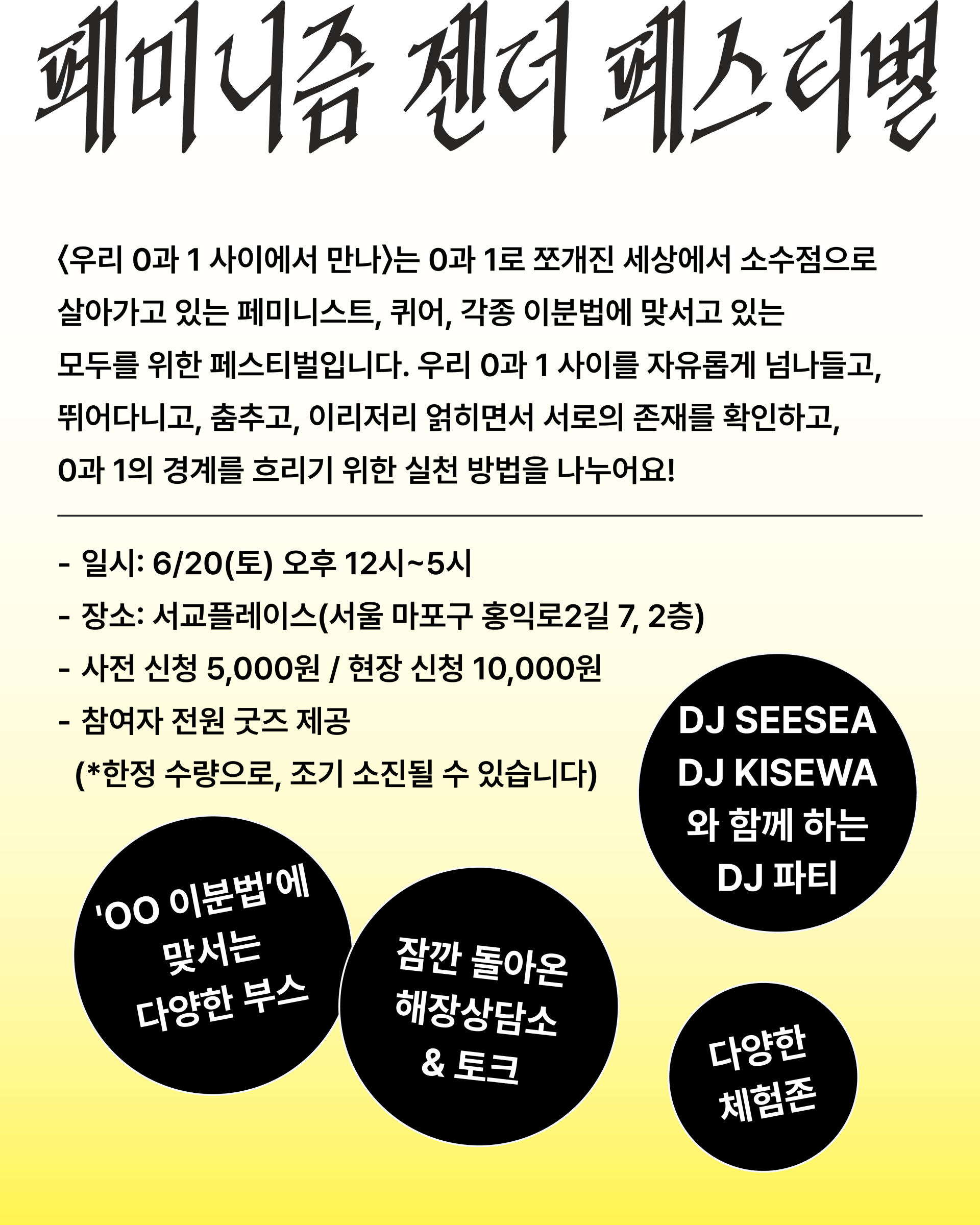 세로가 긴 홍보 포스터 이미지입니다. 상단에는 거친 붓글씨 스타일로 "페미니즘 젠더 페스티벌" 타이틀이 크게 적혀 있고, 그 아래로 페스티벌 소개 글과 일시, 장소 등의 상세 안내 텍스트가 줄글과 글머리 기호 형태로 나열되어 있습니다. 포스터의 우측 하단과 중앙 하단 영역에는 크고 작은 검은색 원형 레이아웃 4개가 비대칭으로 배치되어 있으며, 각 원 안에는 DJ 파티, 부스, 토크, 체험존 등의 주요 프로그램 명칭이 흰색 글씨로 강조되어 있습니다.