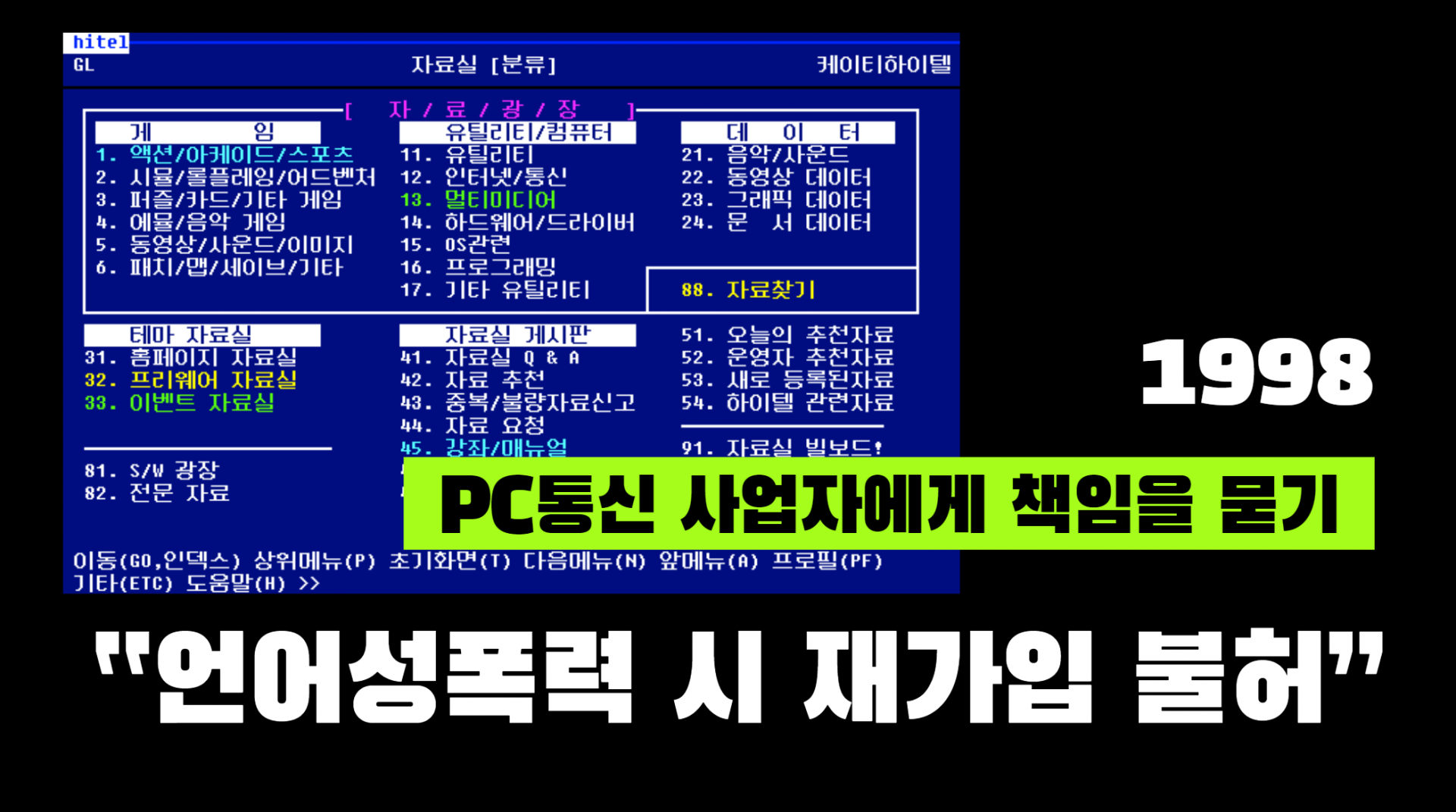 "1990년대 PC통신 화면을 재현한 파란색 인터페이스 이미지. 좌측에는 ‘게임, 유틸리티, 인터넷/통신, 멀티미디어’ 등 여러 자료실 메뉴 목록이 흰 글씨로 나열되어 있다. 오른쪽 검은 배경에는 굵은 흰 글씨로 ‘1998’이 적혀 있고, 형광 초록색 박스 안에 ‘PC통신 사업자에게 책임을 묻기’라는 글씨가 크게 강조되어 있다. 화면 아래쪽에는 굵은 흰 글씨로 ‘언어성폭력 시 재가입 불허’라는 문구가 적혀 있다."