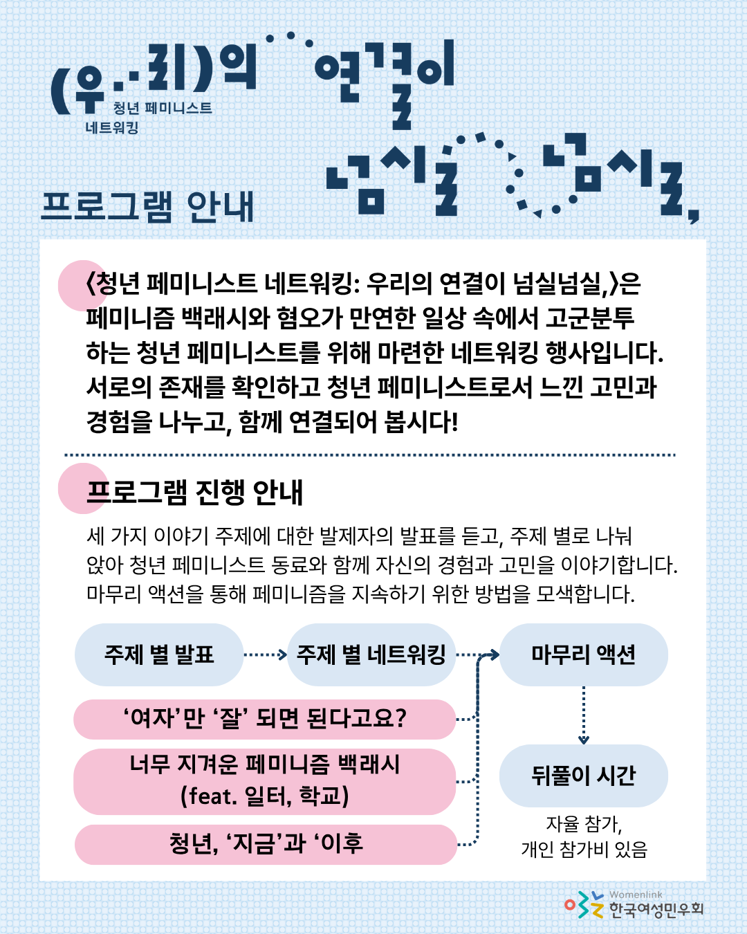 다섯 번째 홍보 이미지. 이미지 상단에는 이미지 상단에 행사 제목이 타이포그래피로 놓여있고, 그 아래 왼쪽에는 ‘프로그램 안내’ 문구가 적혀 있다. 문구 아래에 흰색 네모 박스 도형 위, 본 행사의 설명이 적혀 있다. 설명 문구 아래에는 ‘프로그램 진행 안내’ 문구가 적혀 있고, 진행 방식을 문구와 도형으로 설명하고 있다.