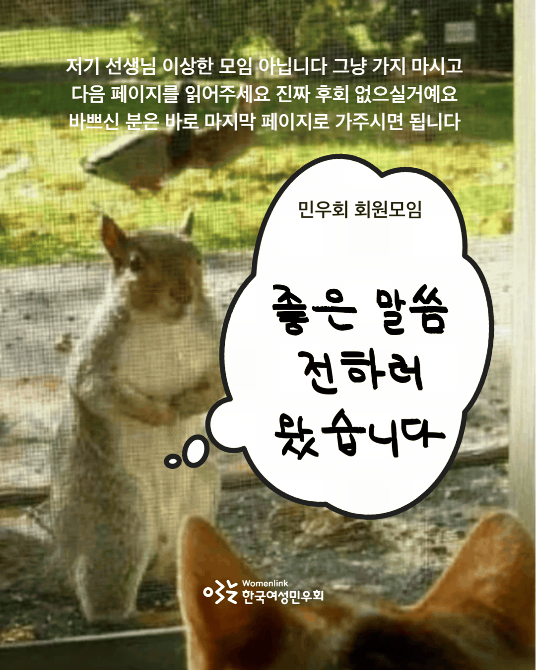 설치류의 한 종류인 동물이 앞발을 모으고 서있다. 우측으로는 흰색 말풍선이 위치해있고, 그 안에 민우회 회원모임 똑똑! 좋은 말씀 전하러 왔습니다 라는 모임 제목이 적혀 있다. 이미지 하단에는 한국여성민우회 로고가 삽입되어 있다.
