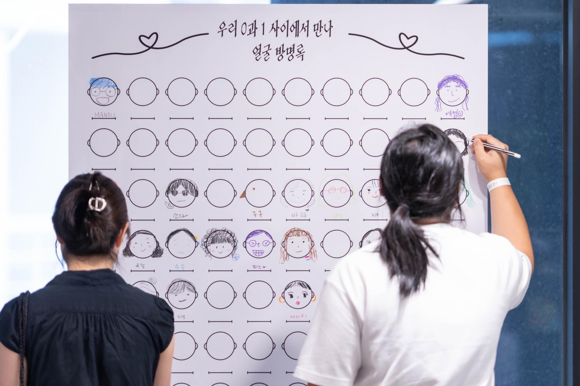 얼굴방명록에 자신의 얼굴을 그려넣고 있는 우측 참여자와 다른 참여자들이 그린 얼굴을 살펴보고 있는 좌측 참여자의 뒷모습