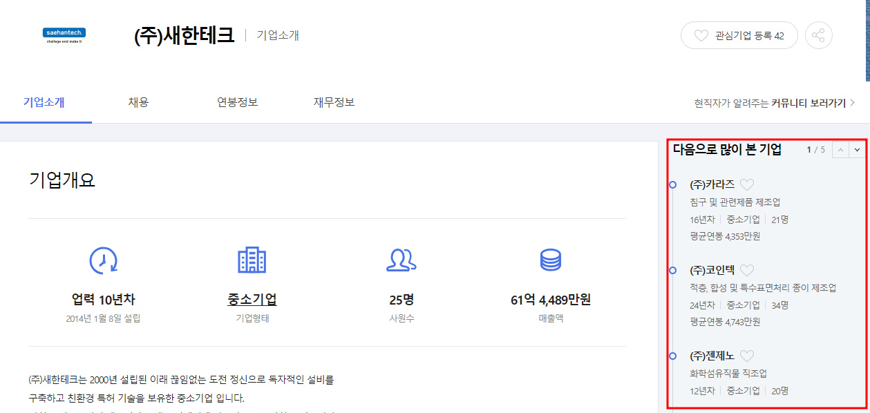 사람인에서 다음으로 많이 본 기업 정보 확인