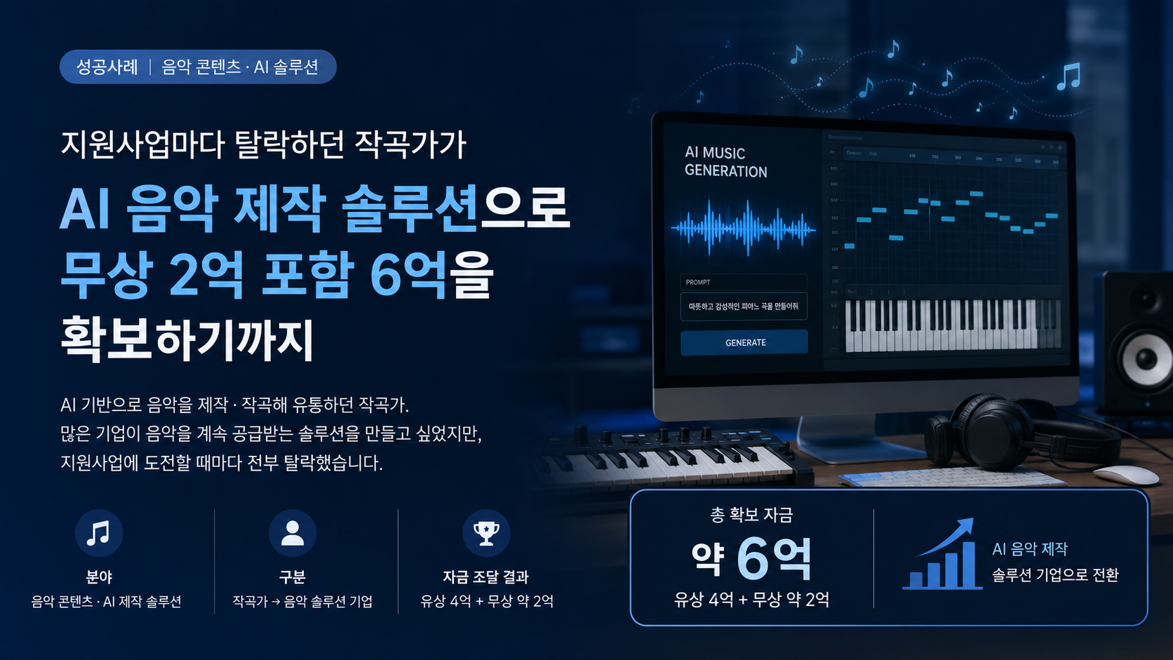 지원사업에서 탈락하던 작곡가가 AI 음악 제작 솔루션 기업으로 전환해 무상 약 2억 포함 총 6억을 확보한 유인어스 성공사례 썸네일