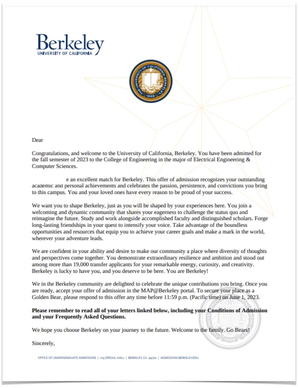 UC Berkeley 합격 레터