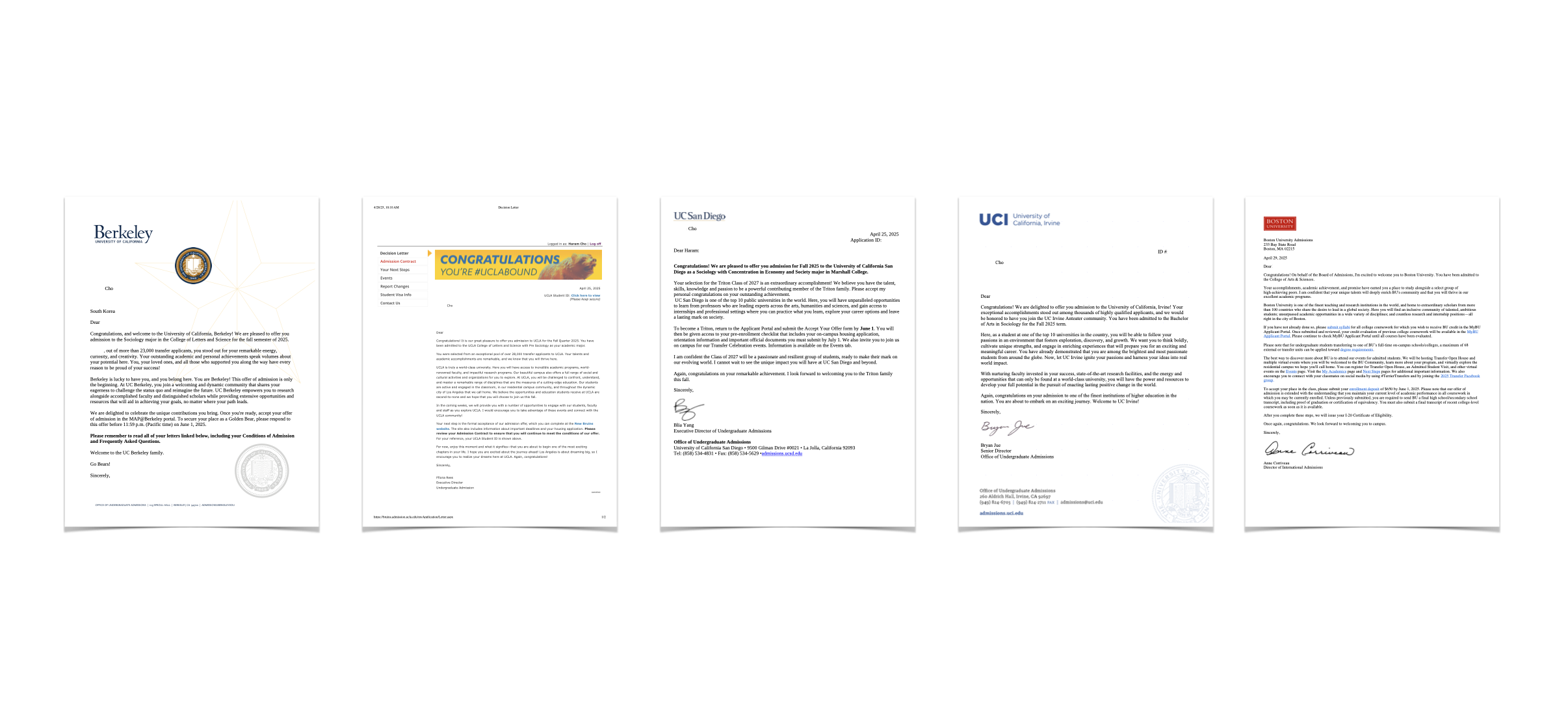 UCLA, UC버클리, UC샌디에고, UIUC, UC어바인, BU, Sociology전공 편입 합격레터 UC편입